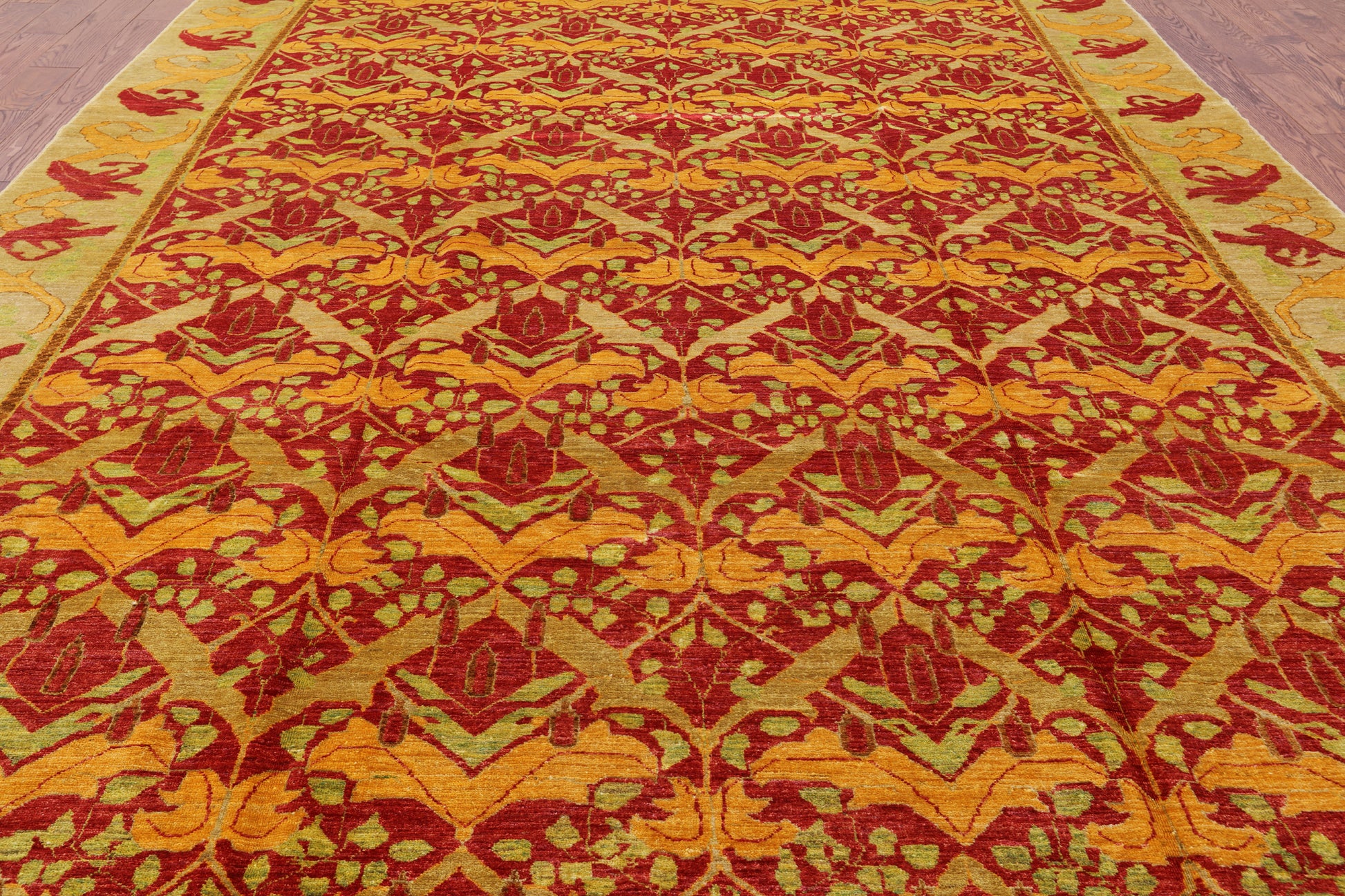 Red William Morris Hand Knotted Wool Area Rug - 9' 0" X 12' 7" - Golden Nile