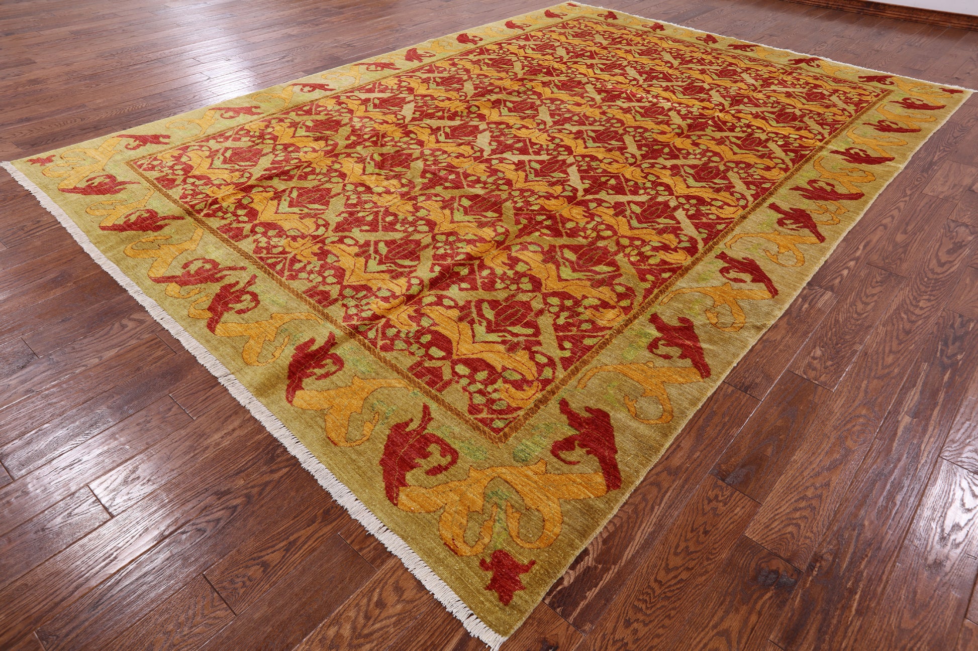 Red William Morris Hand Knotted Wool Area Rug - 9' 0" X 12' 7" - Golden Nile