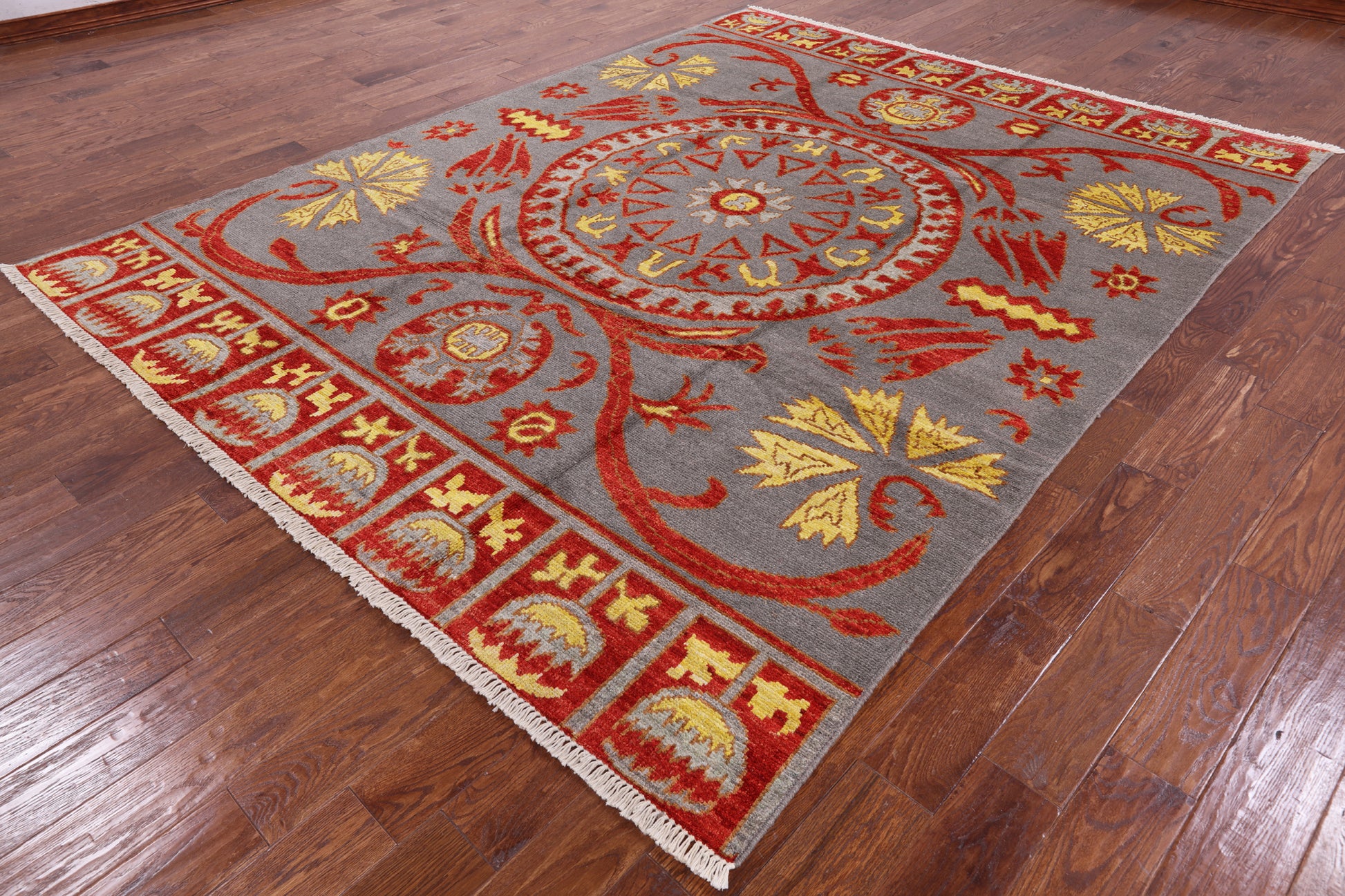 Grey Ikat Handmade Wool Area Rug - 7' 10" X 9' 10" - Golden Nile