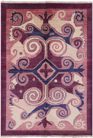Purple Ikat Handmade Wool Area Rug - 6' 4