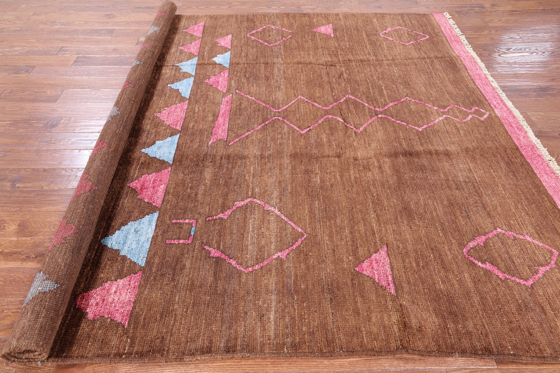Brown Tribal Moroccan Navajo Design Handmade Wool Rug - 8' 2" X 9' 9" - Golden Nile