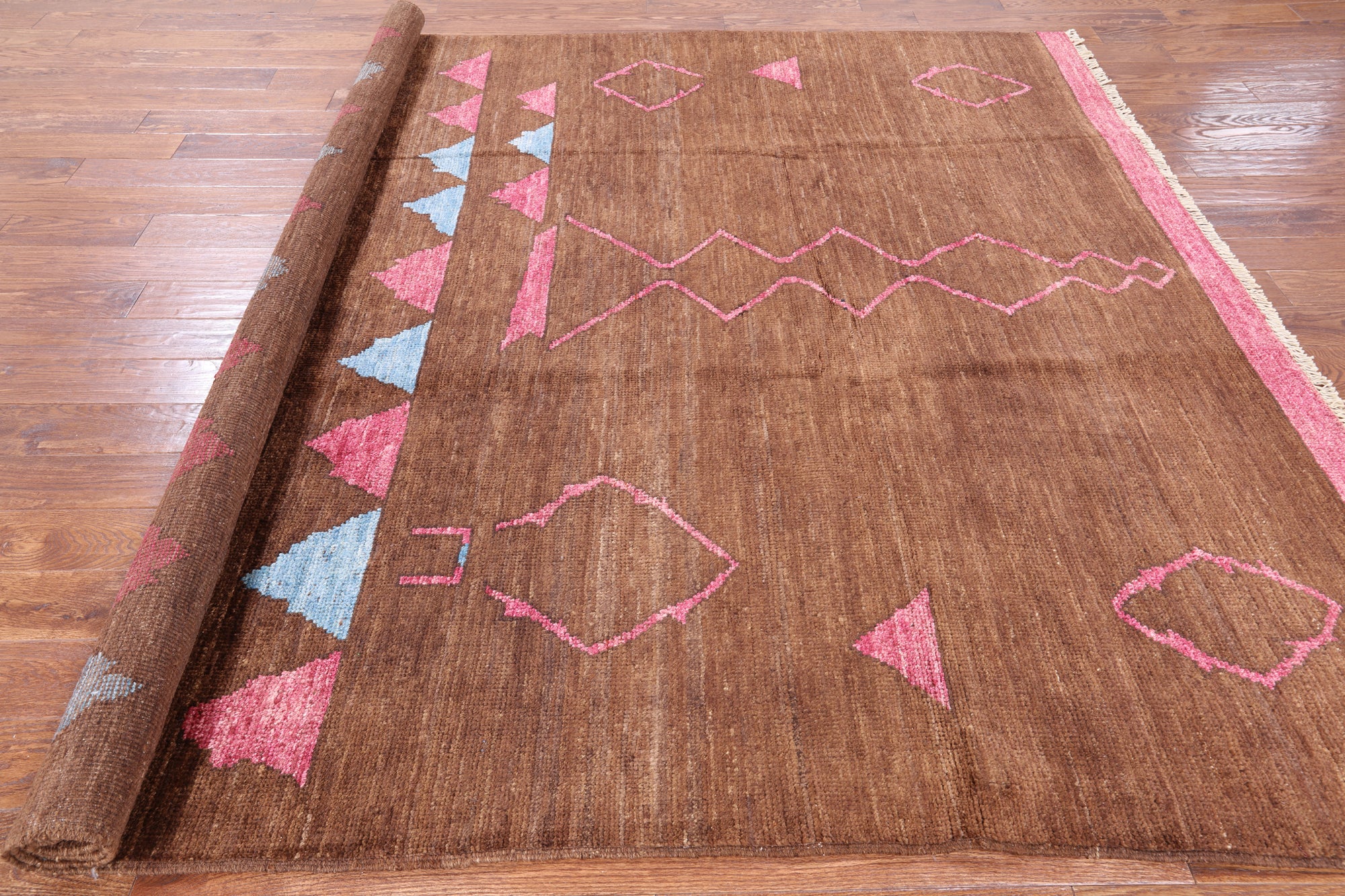 Brown Tribal Moroccan Navajo Design Handmade Wool Rug - 8' 2" X 9' 9" - Golden Nile