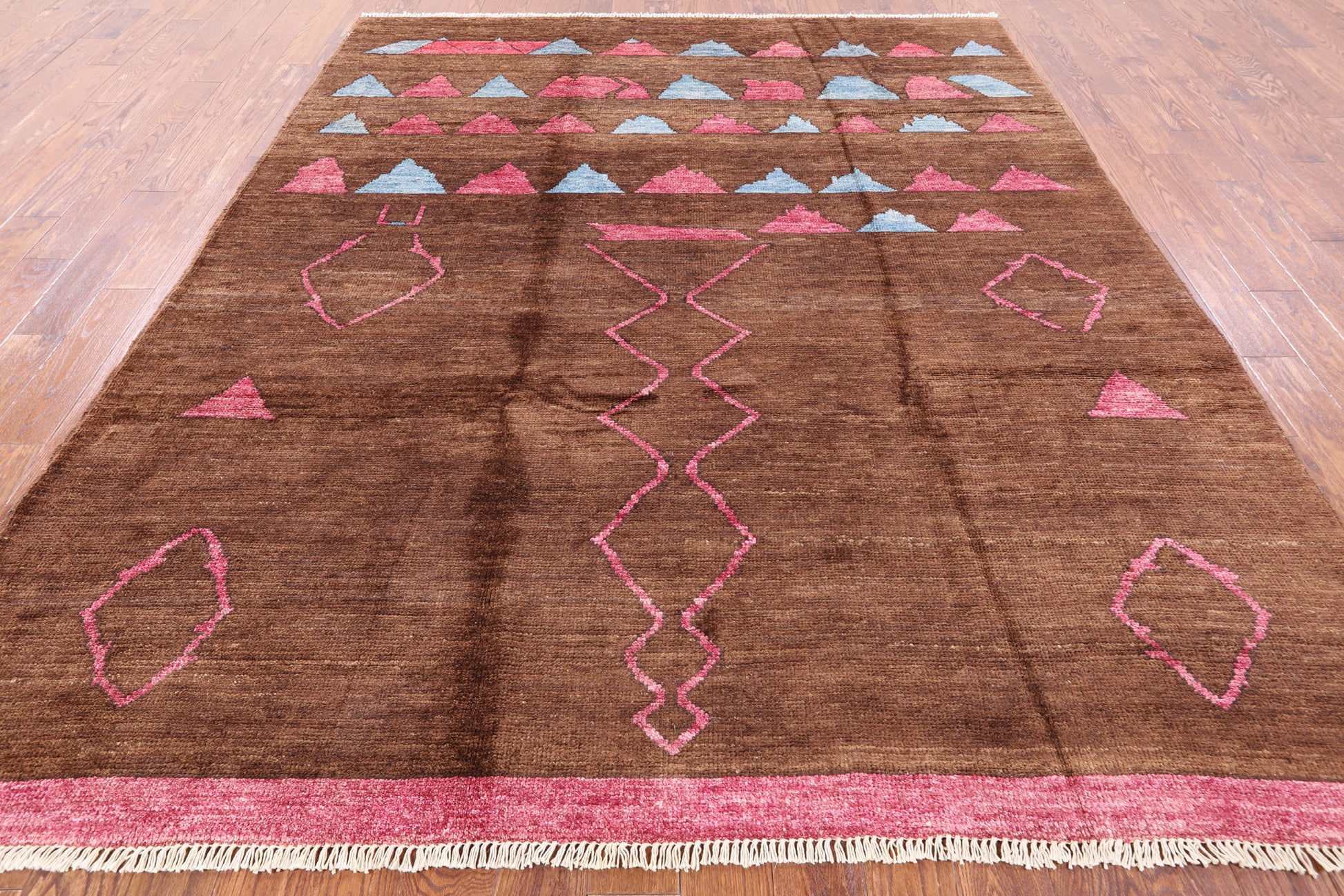 Brown Tribal Moroccan Navajo Design Handmade Wool Rug - 8' 2" X 9' 9" - Golden Nile