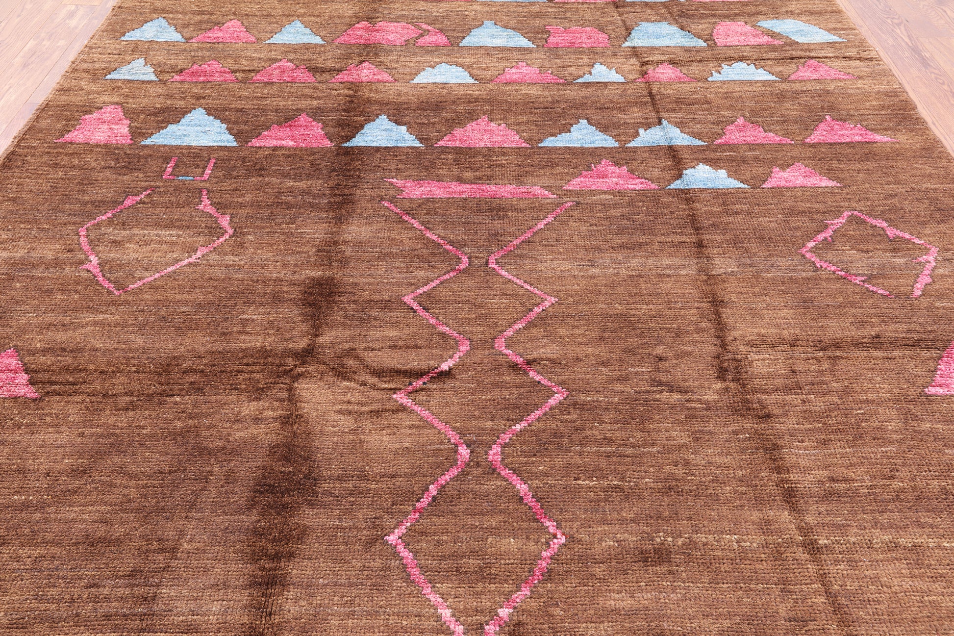 Brown Tribal Moroccan Navajo Design Handmade Wool Rug - 8' 2" X 9' 9" - Golden Nile