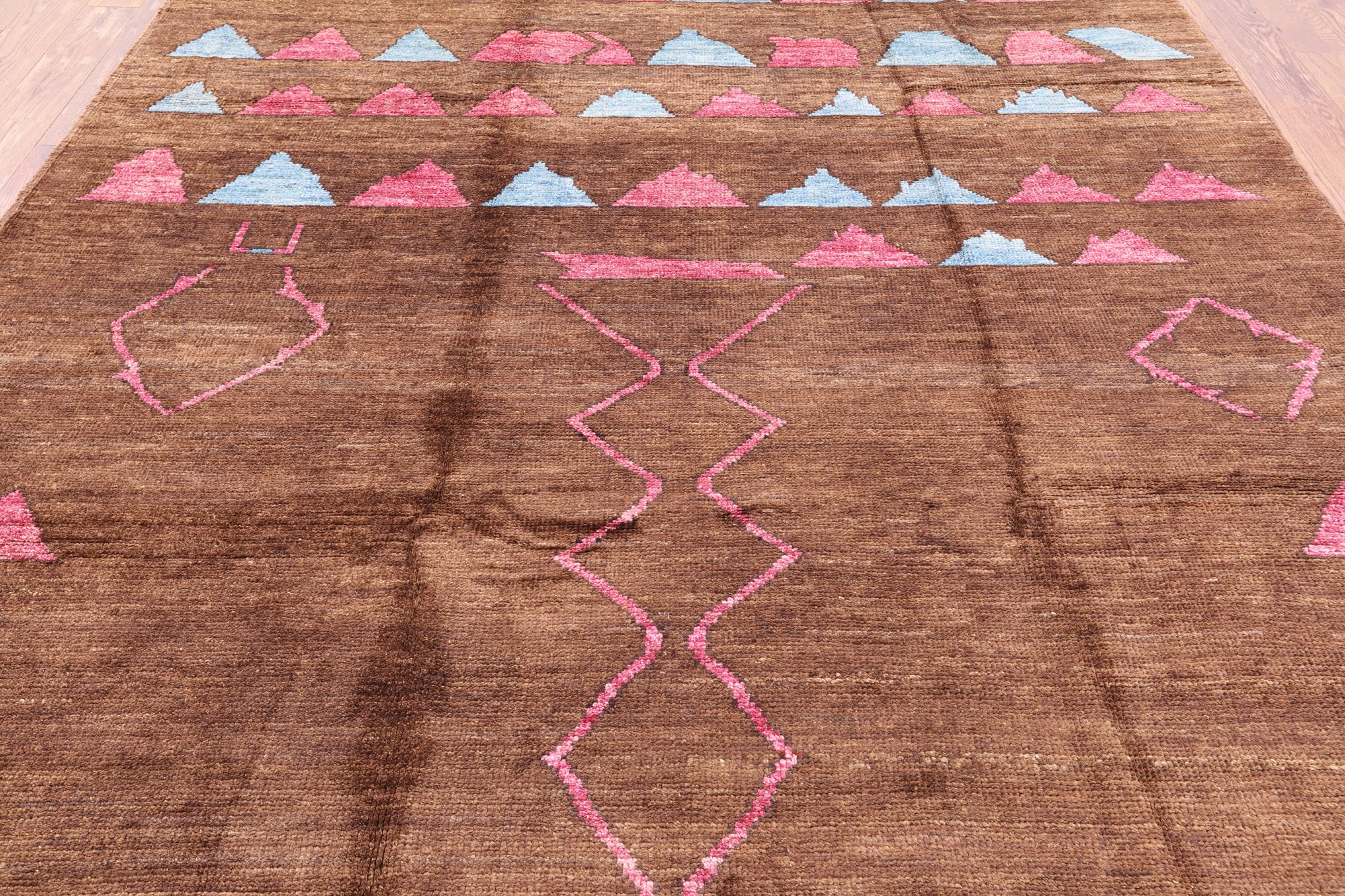 Brown Tribal Moroccan Navajo Design Handmade Wool Rug - 8' 2" X 9' 9" - Golden Nile