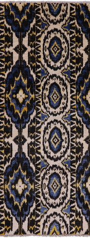 Ikat Hand Knotted Wool Runner Rug - 4' 0