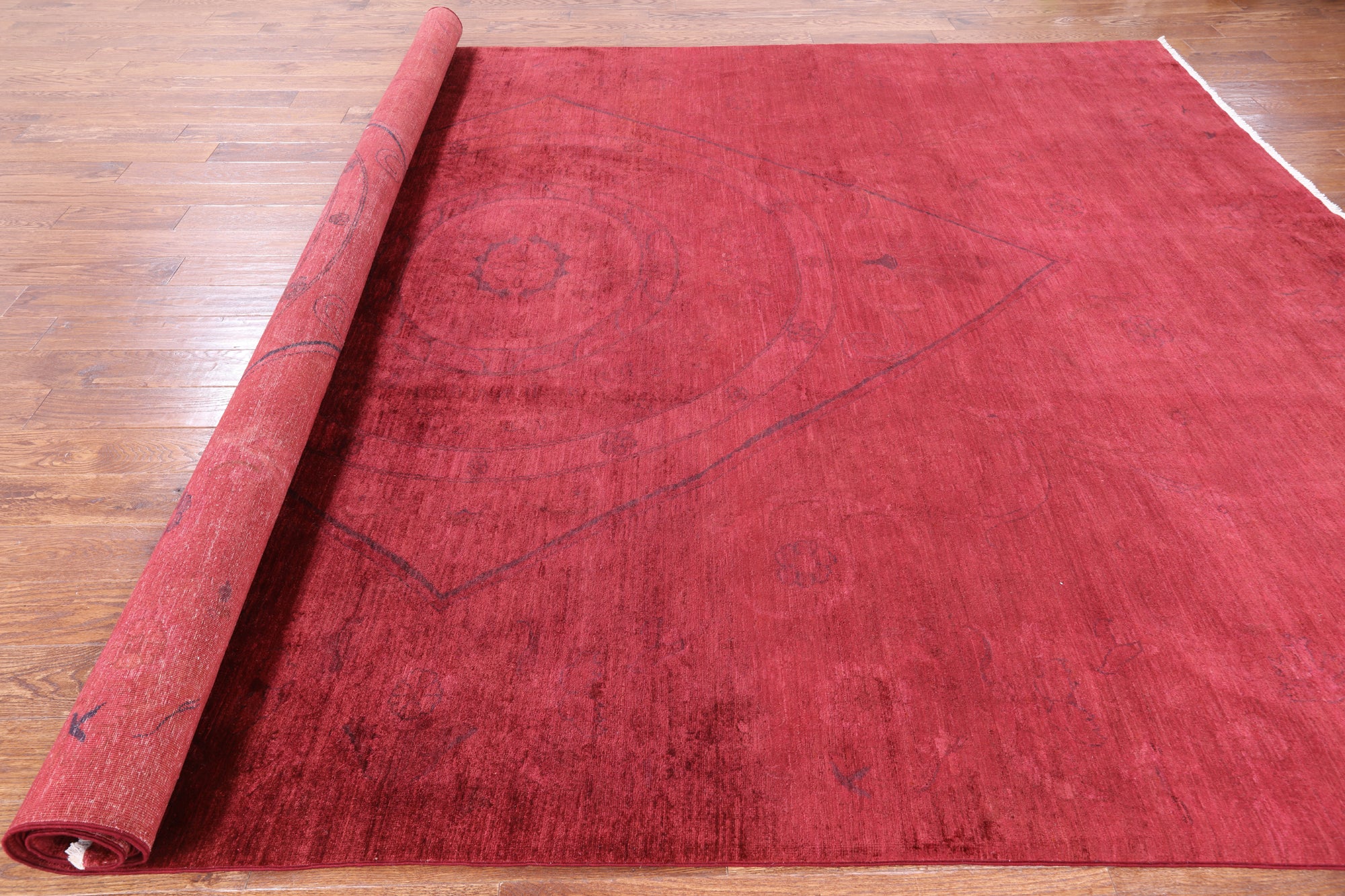 Red Full Pile Overdyed Hand Knotted Rug - 9' 7" X 13' 6" - Golden Nile