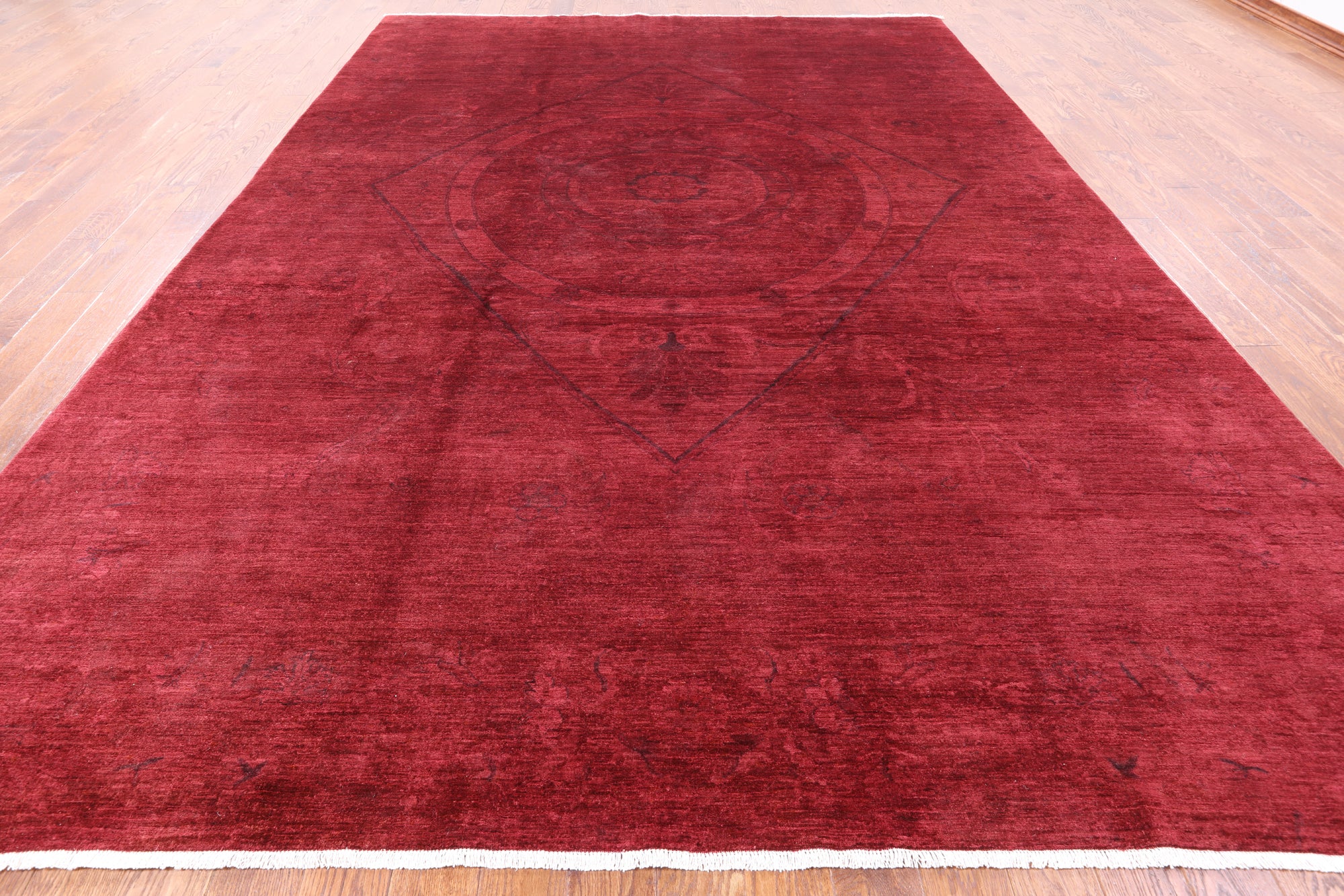 Red Full Pile Overdyed Hand Knotted Rug - 9' 7" X 13' 6" - Golden Nile