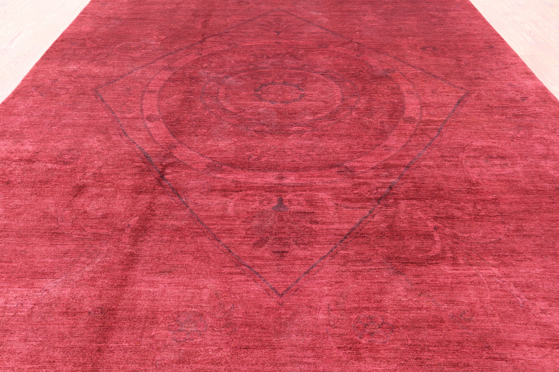 Red Full Pile Overdyed Hand Knotted Rug - 9' 7" X 13' 6" - Golden Nile