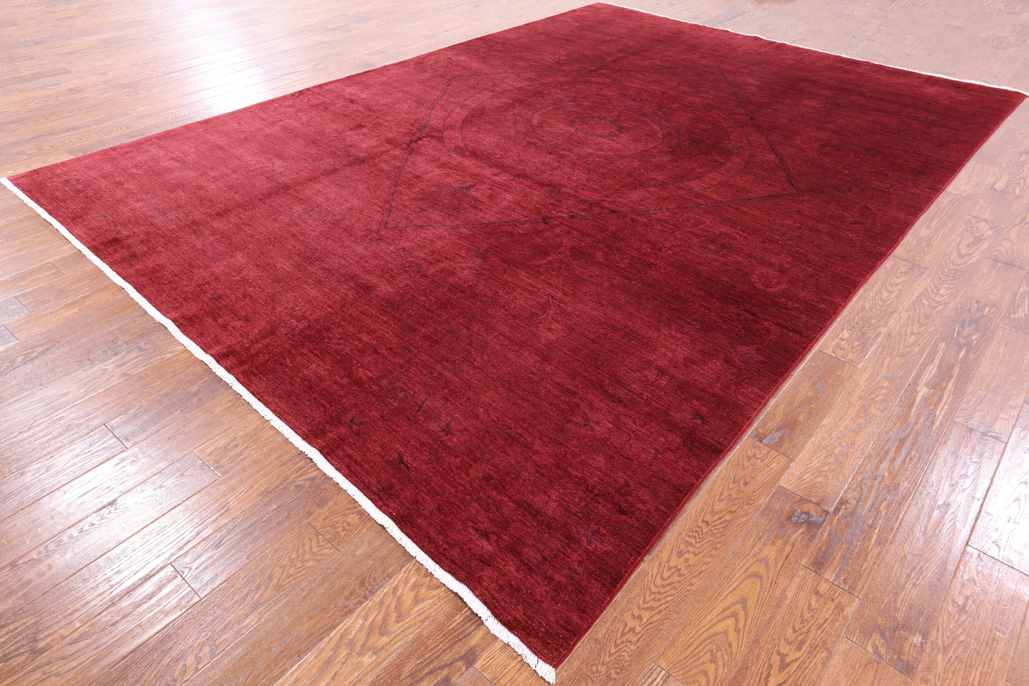 Red Full Pile Overdyed Hand Knotted Rug - 9' 7" X 13' 6" - Golden Nile