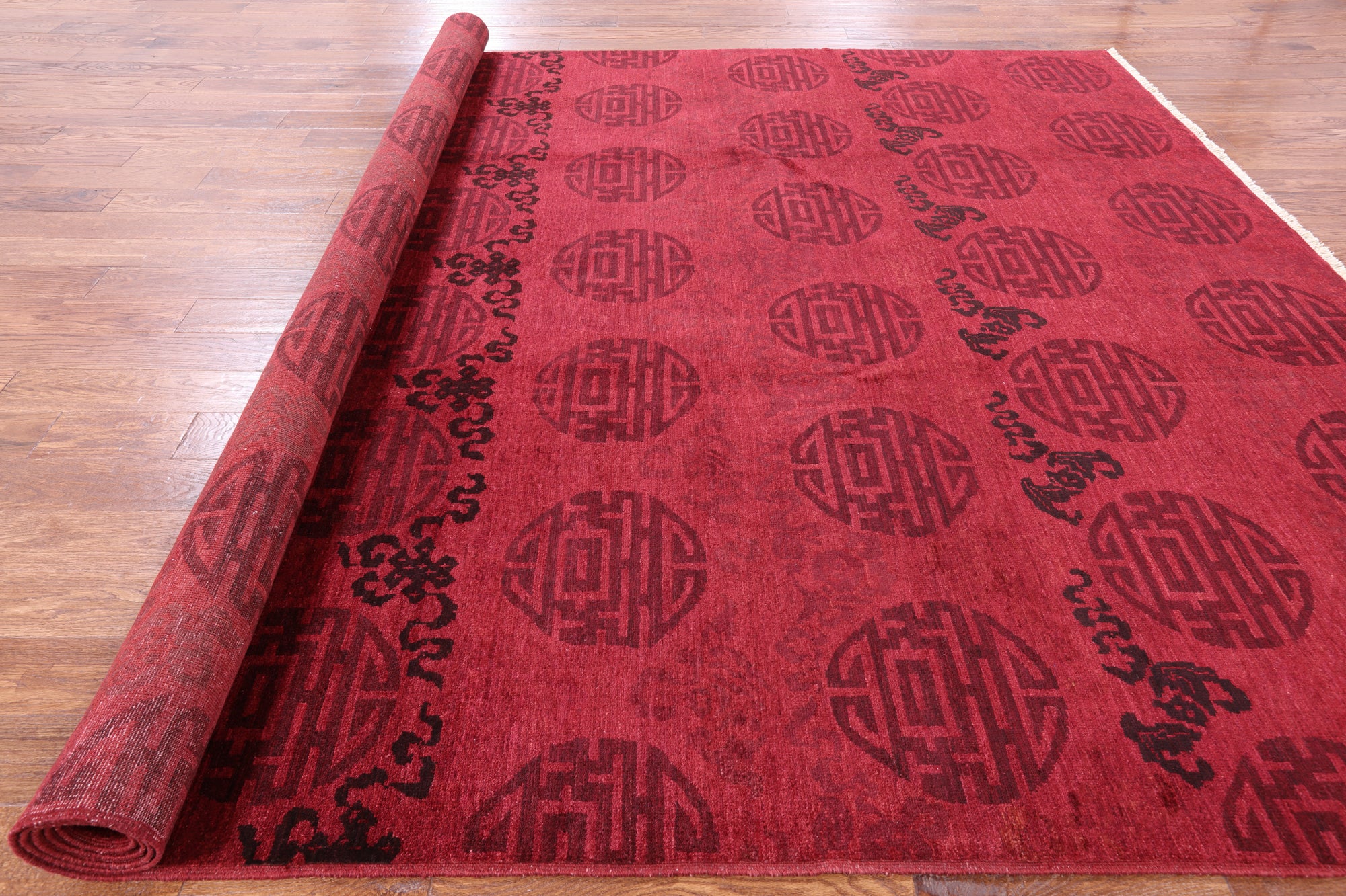 Red Full Pile Overdyed Handmade Wool Rug - 9' 1" X 12' 1" - Golden Nile
