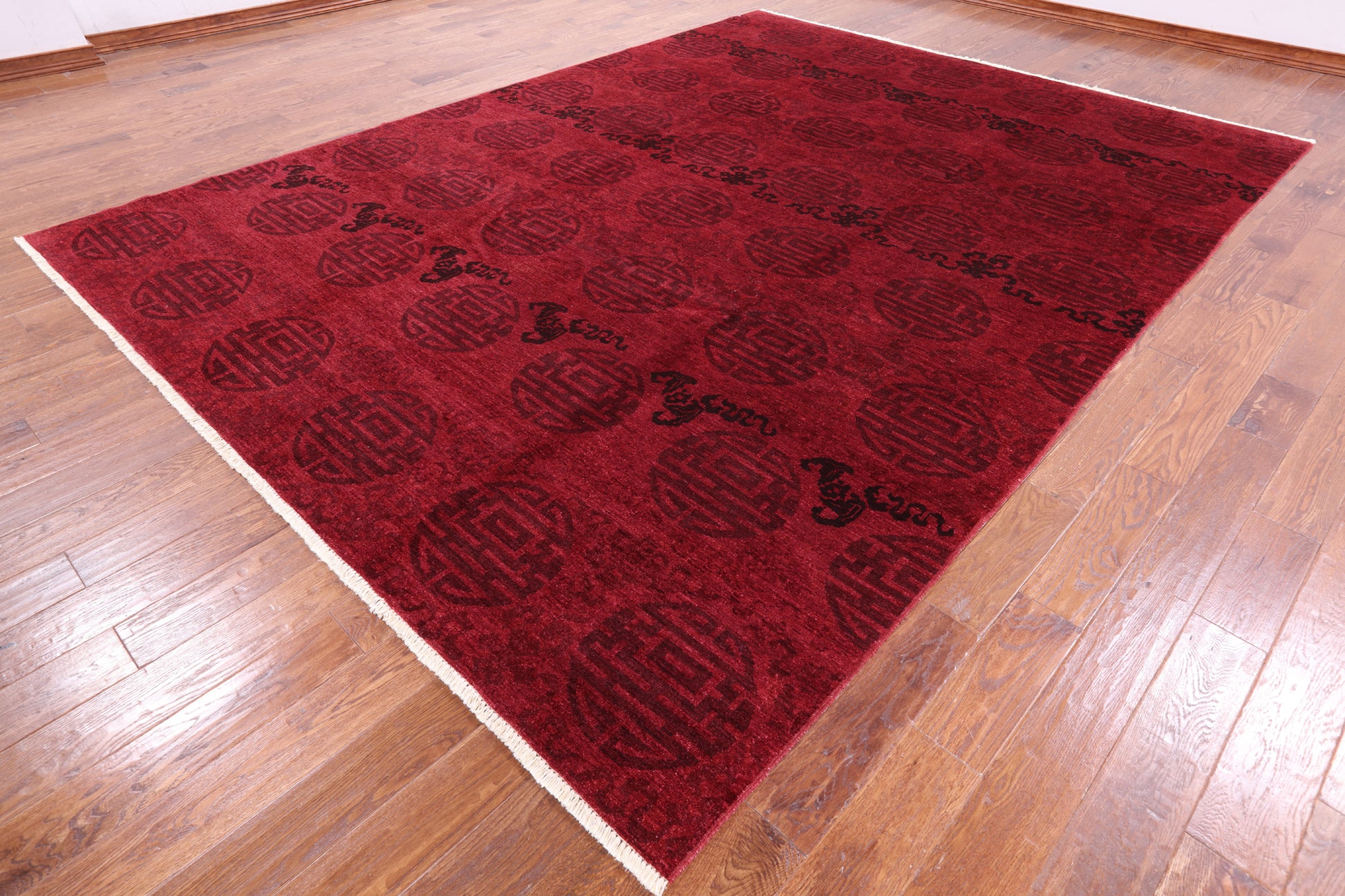 Red Full Pile Overdyed Handmade Wool Rug - 9' 1" X 12' 1" - Golden Nile