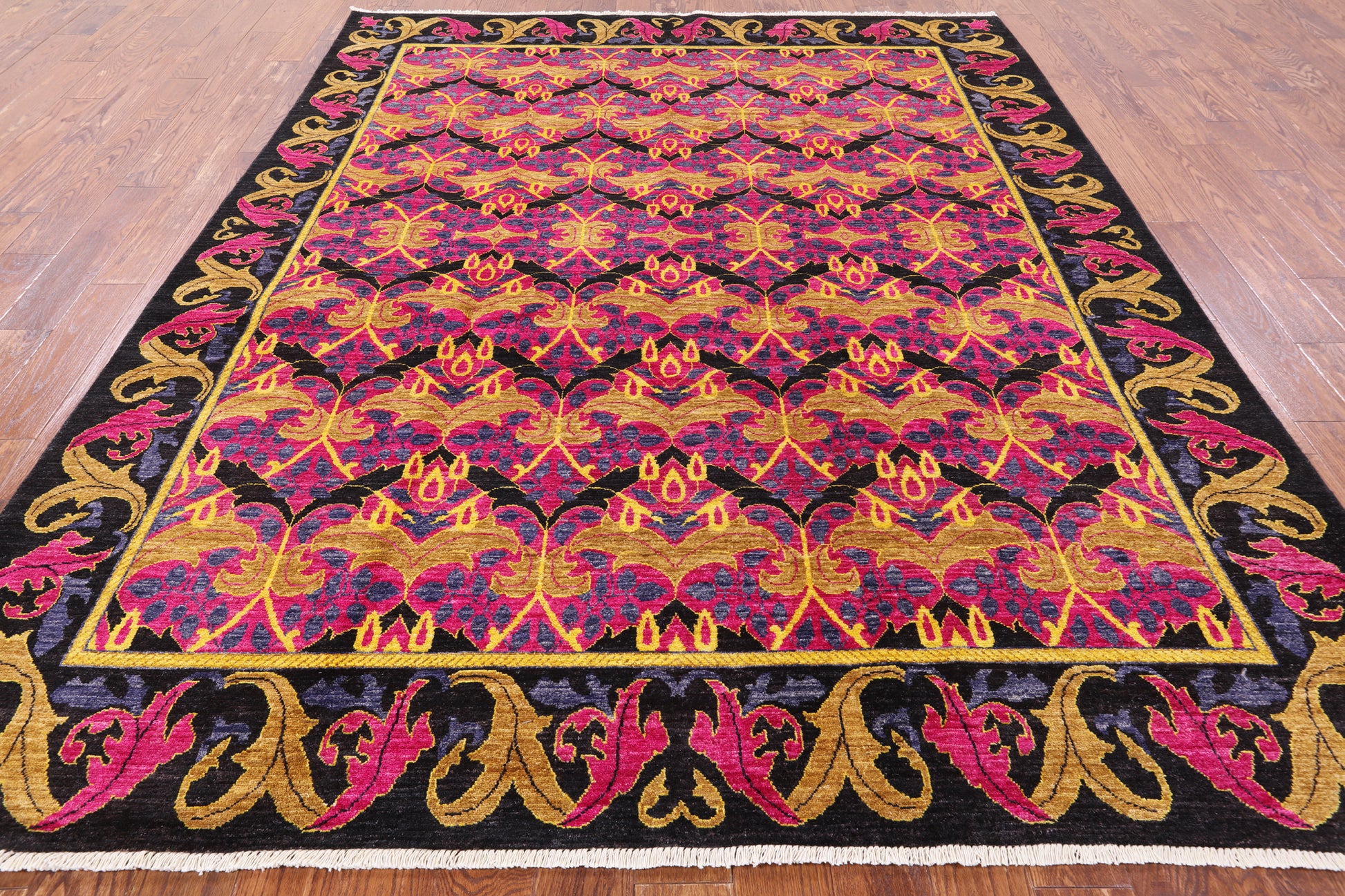 Pink William Morris Handmade Wool Area Rug - 7' 10" X 9' 10" - Golden Nile