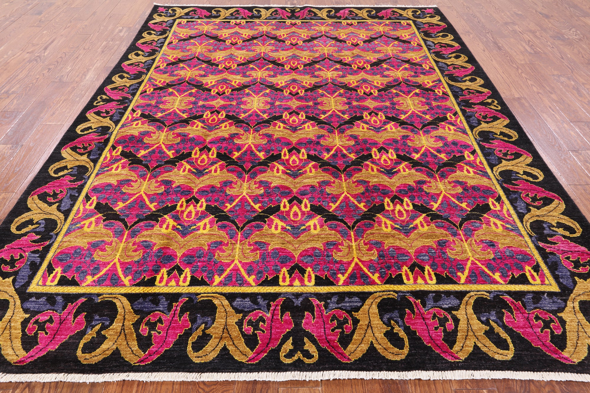 Pink William Morris Handmade Wool Area Rug - 7' 10" X 9' 10" - Golden Nile