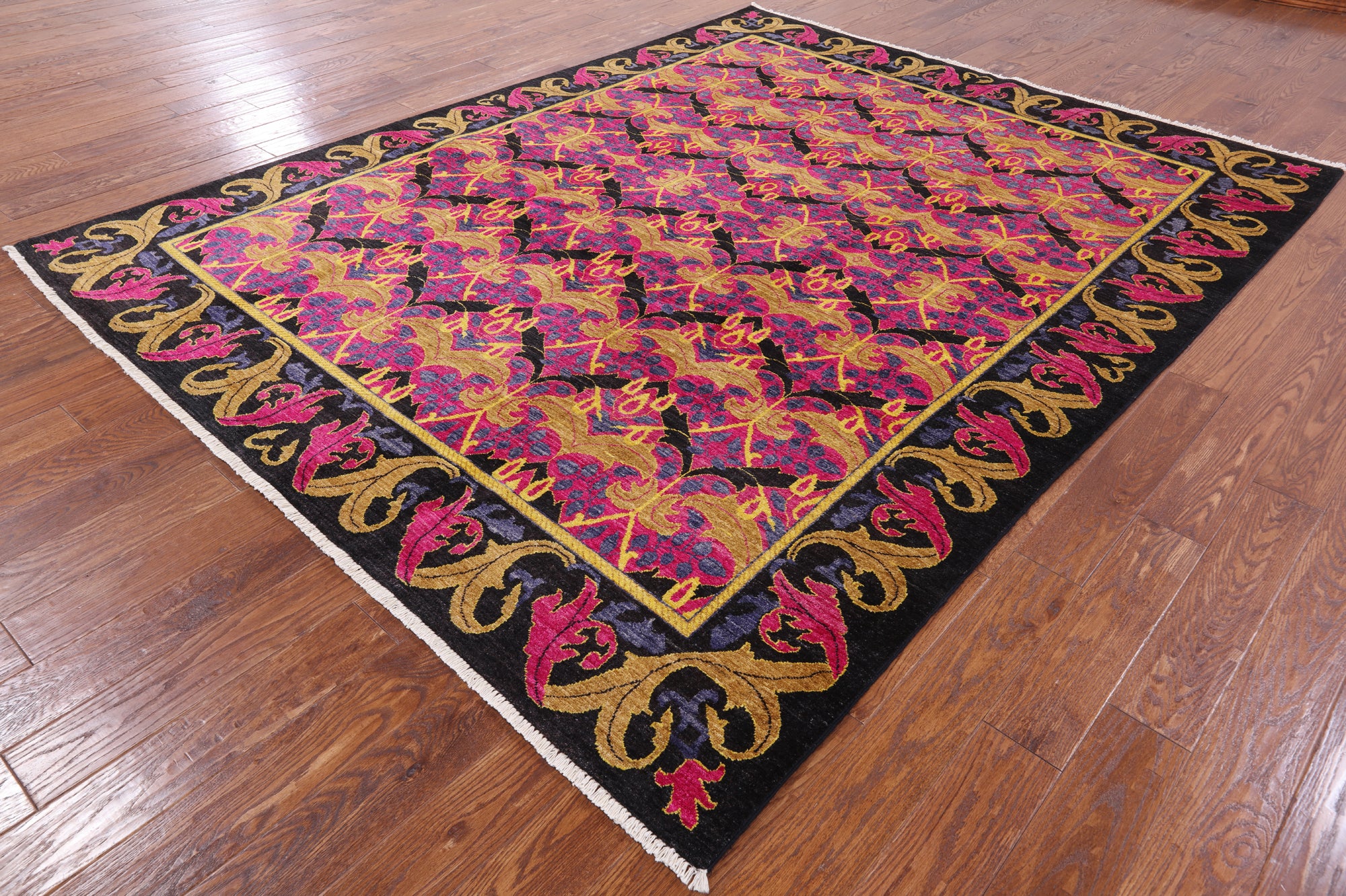 Pink William Morris Handmade Wool Area Rug - 7' 10" X 9' 10" - Golden Nile