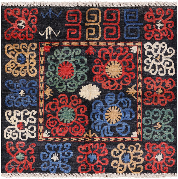 Black Square Ikat Handmade Wool Rug - 5' 0" X 5' 3" - Golden Nile