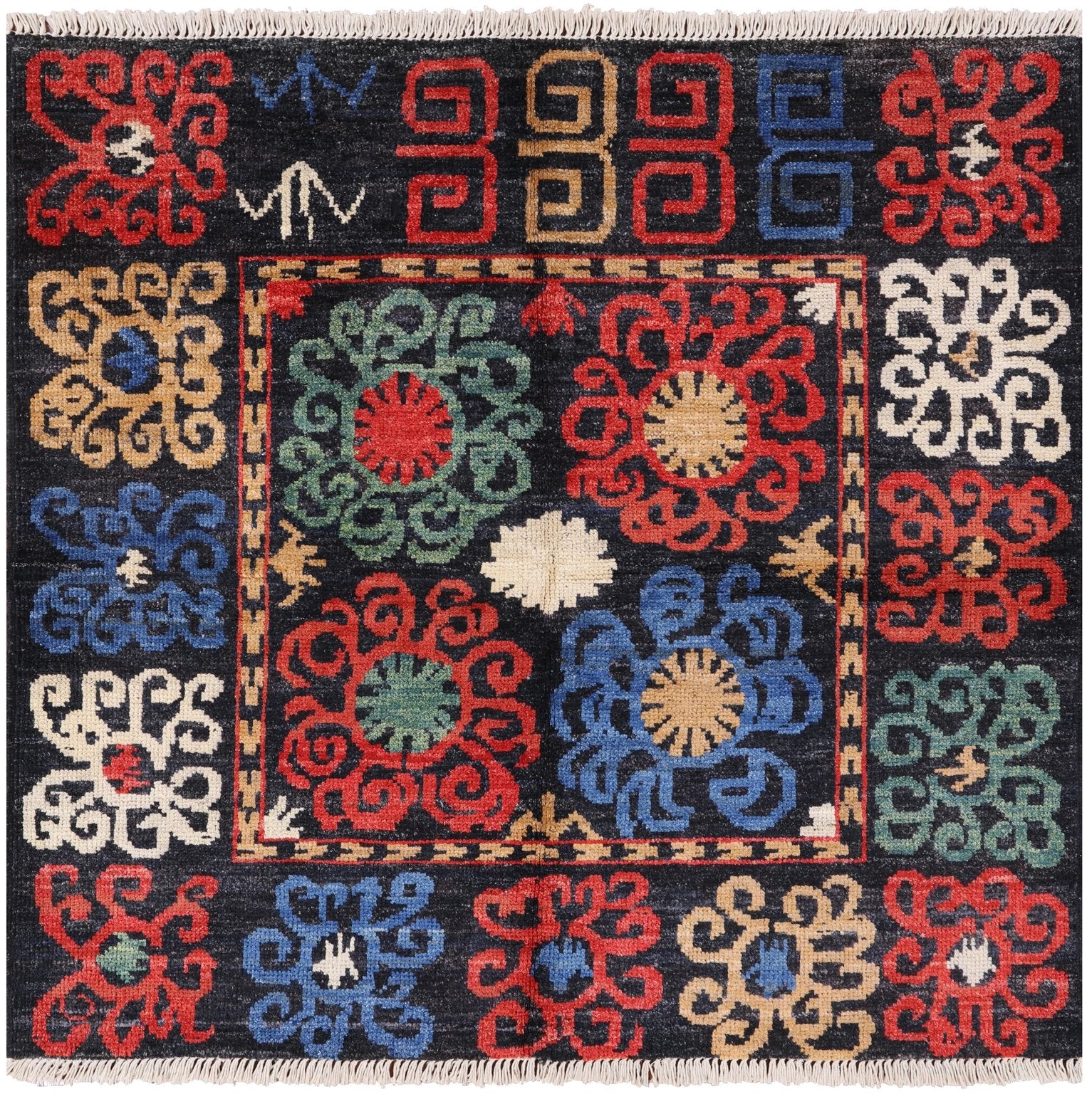 Black Square Ikat Handmade Wool Rug - 5' 0" X 5' 3" - Golden Nile