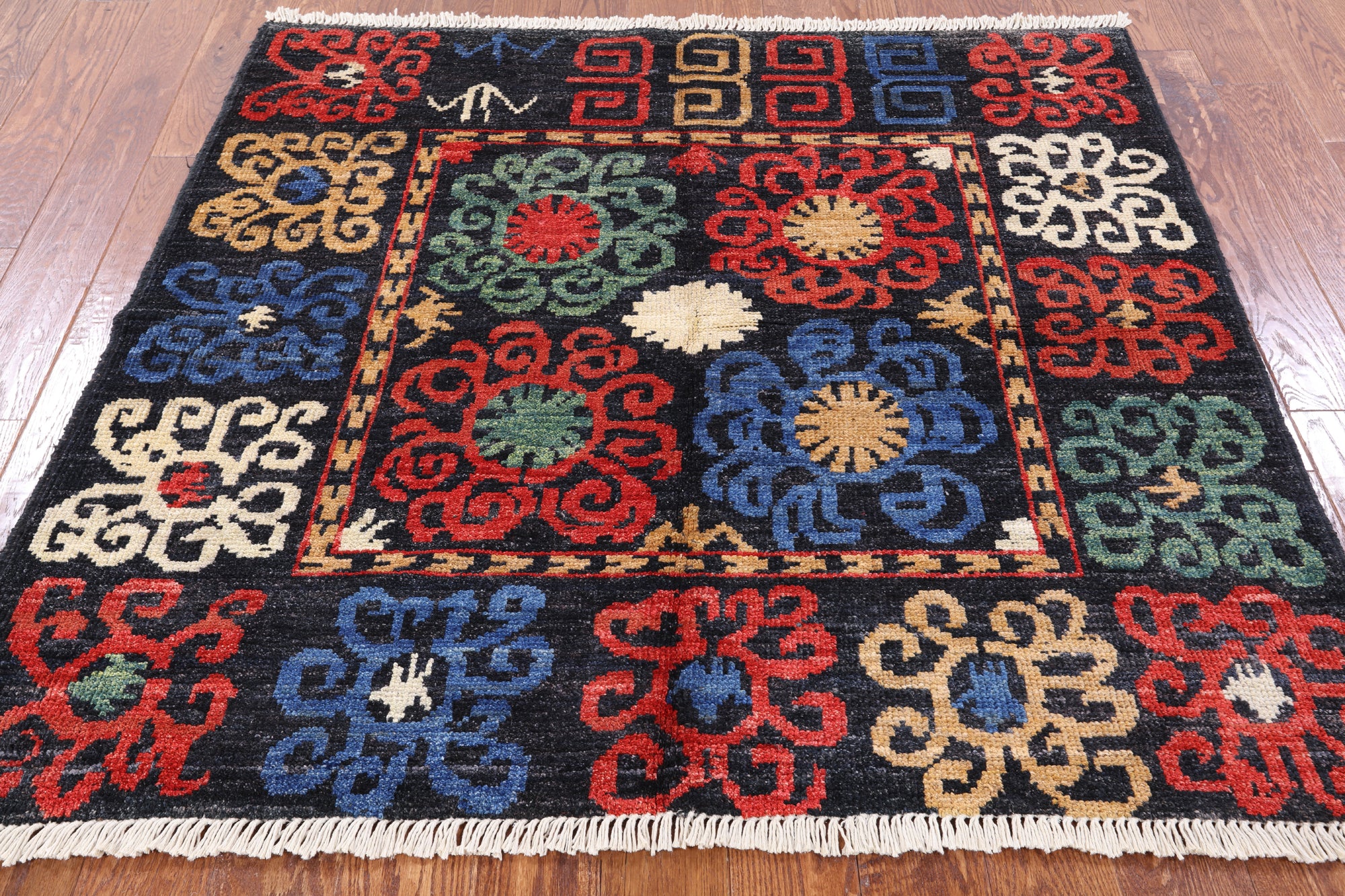 Black Square Ikat Handmade Wool Rug - 5' 0" X 5' 3" - Golden Nile