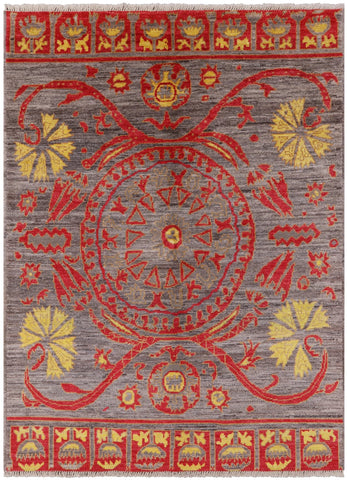 Grey Ikat Handmade Wool Area Rug - 6' 3