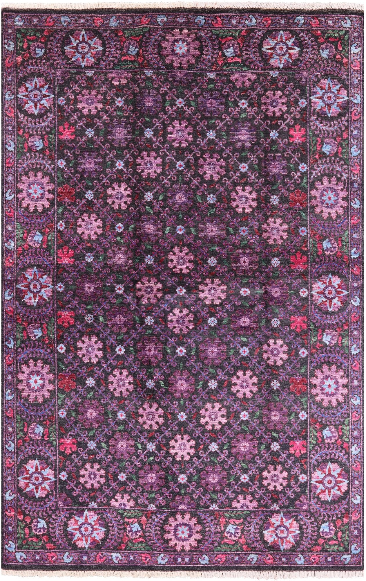 Black William Morris Hand Knotted Wool Area Rug - 6' 2" X 9' 7" - Golden Nile