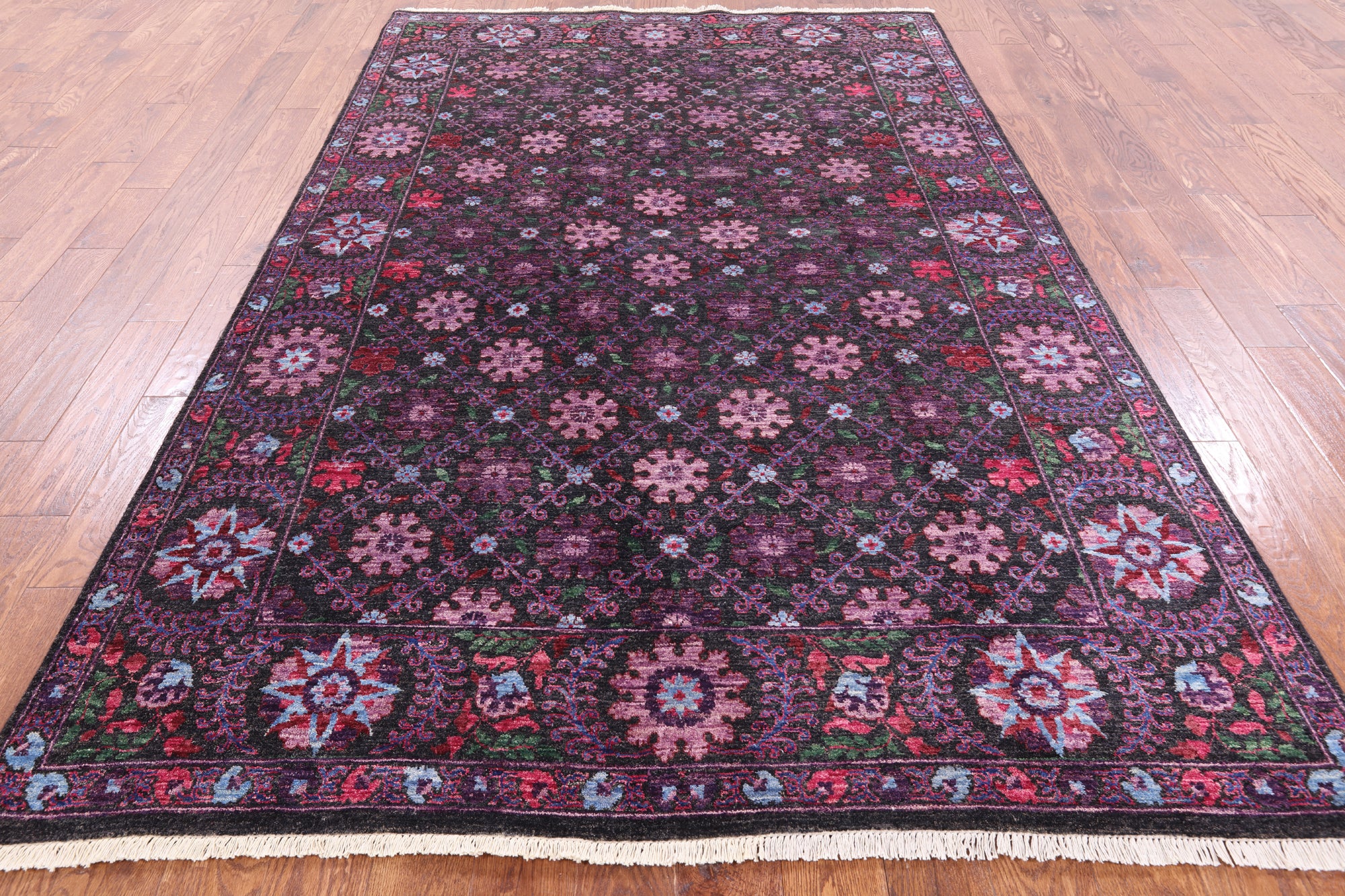 Black William Morris Hand Knotted Wool Area Rug - 6' 2" X 9' 7" - Golden Nile