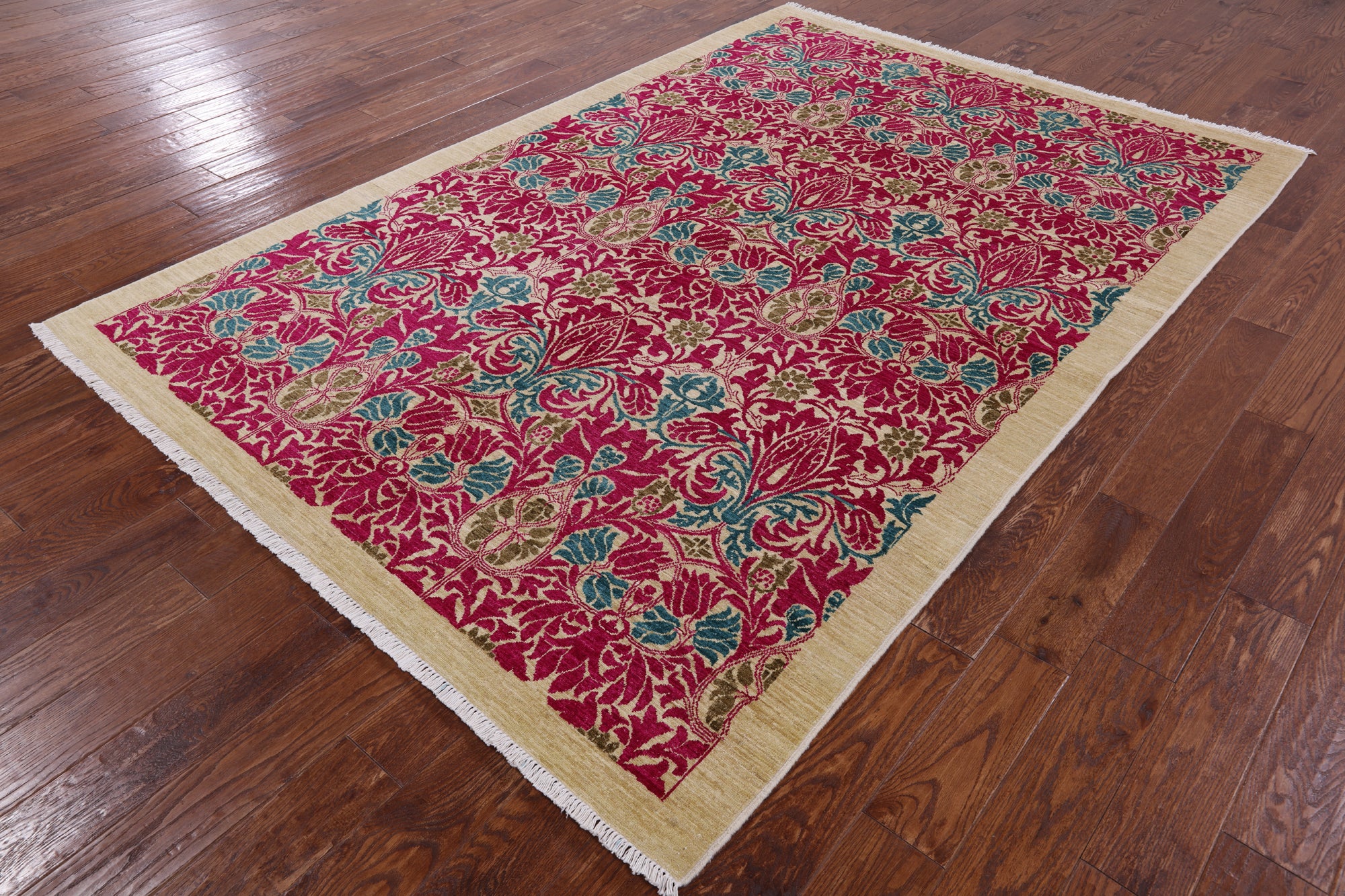 Ivory William Morris Hand Knotted Wool Area Rug - 6' 2" X 9' 1" - Golden Nile