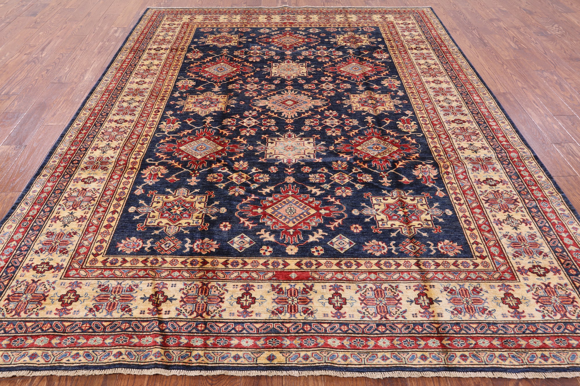 Blue Super Kazak Handmade Wool Rug - 8' 0" X 9' 10" - Golden Nile
