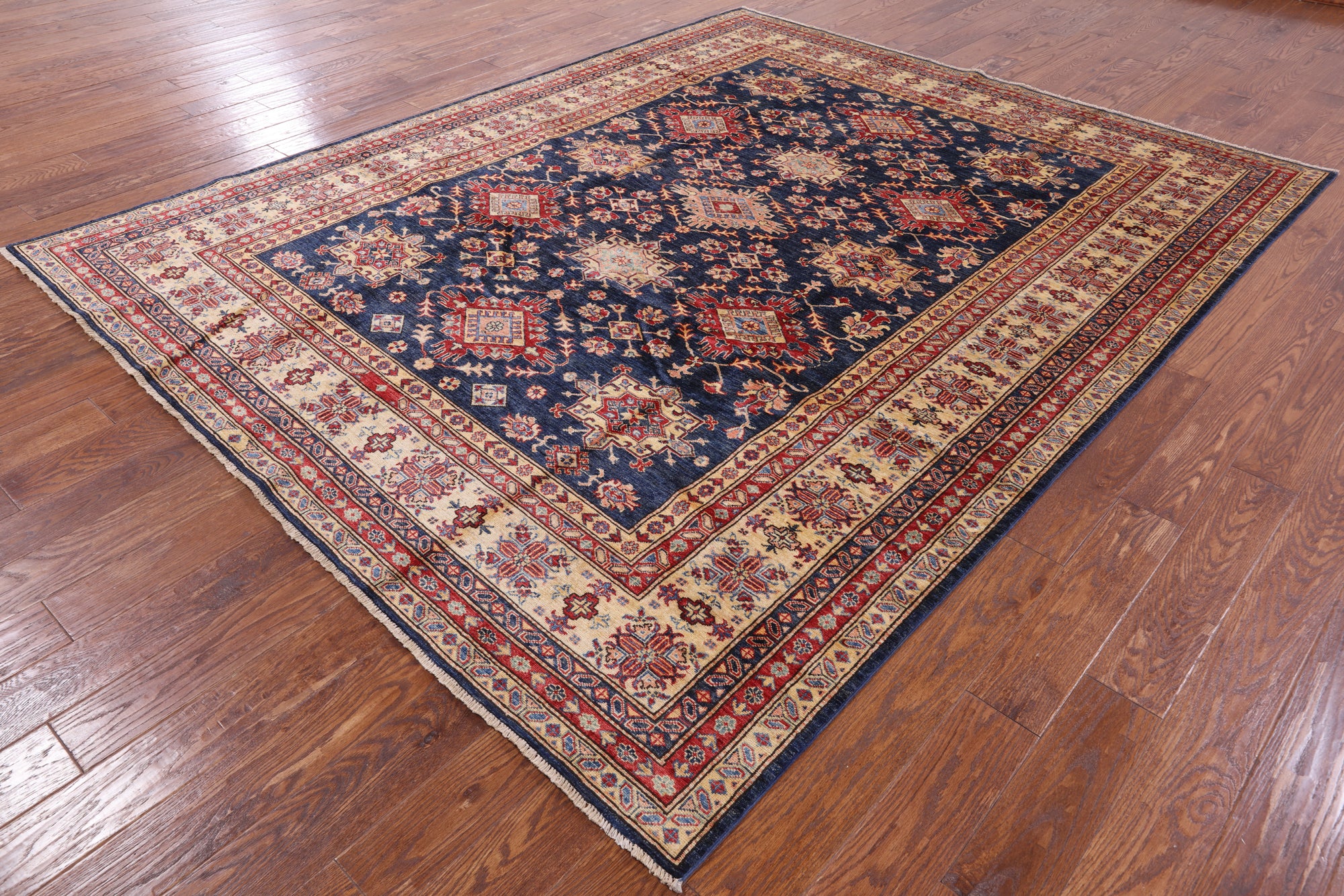 Blue Super Kazak Handmade Wool Rug - 8' 0" X 9' 10" - Golden Nile