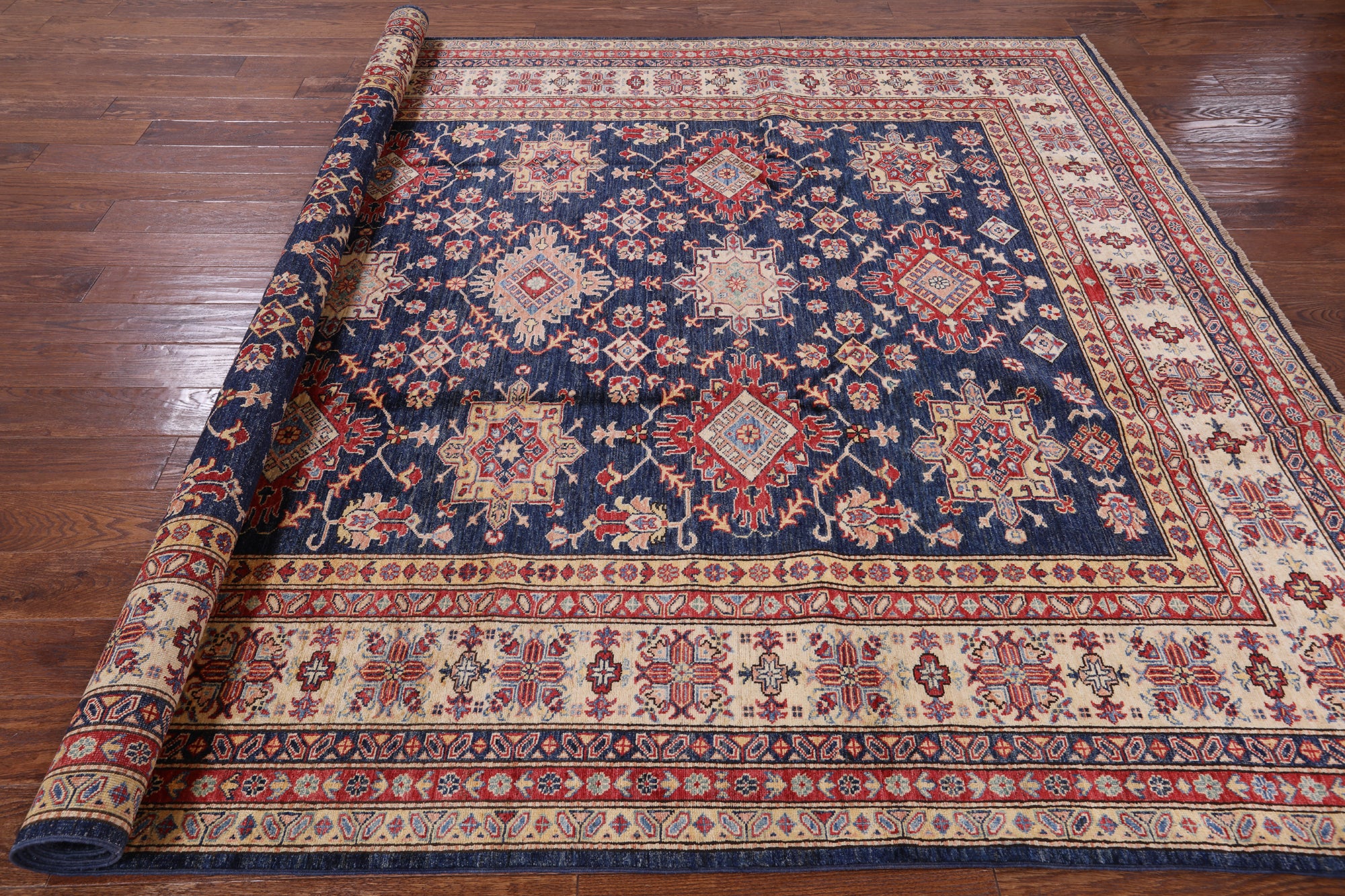 Blue Super Kazak Handmade Wool Rug - 8' 0" X 9' 10" - Golden Nile