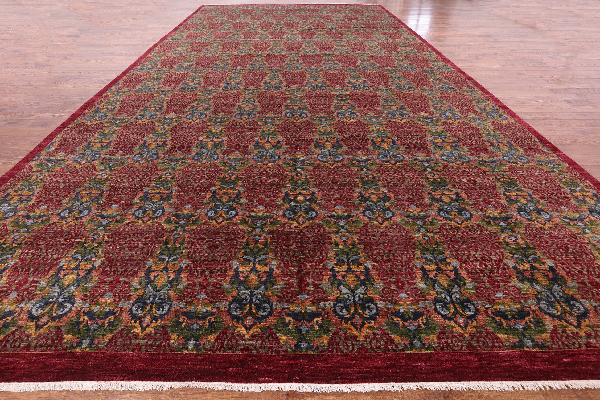 Red William Morris Hand Knotted Wool Area Rug - 11' 11" X 22' 10" - Golden Nile