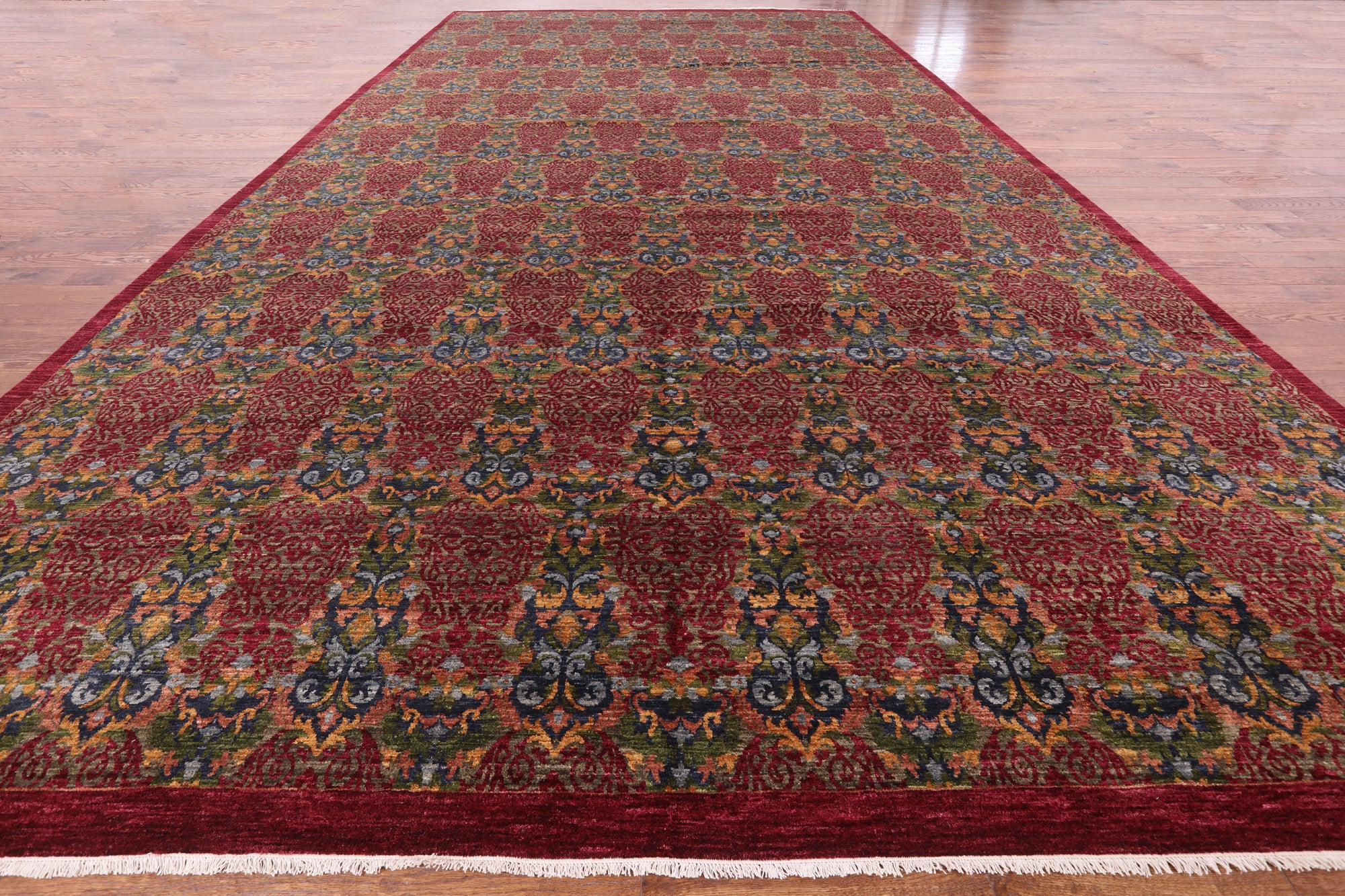 Red William Morris Hand Knotted Wool Area Rug - 11' 11" X 22' 10" - Golden Nile
