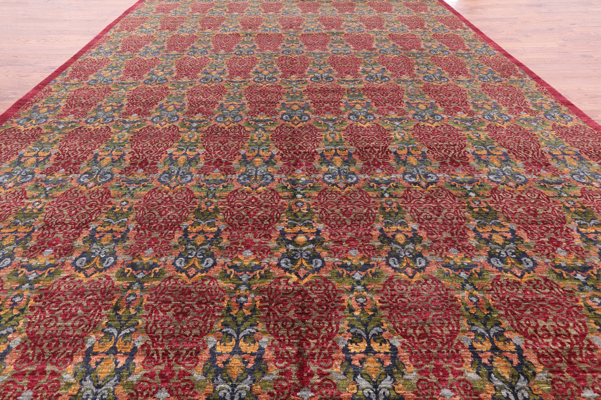 Red William Morris Hand Knotted Wool Area Rug - 11' 11" X 22' 10" - Golden Nile