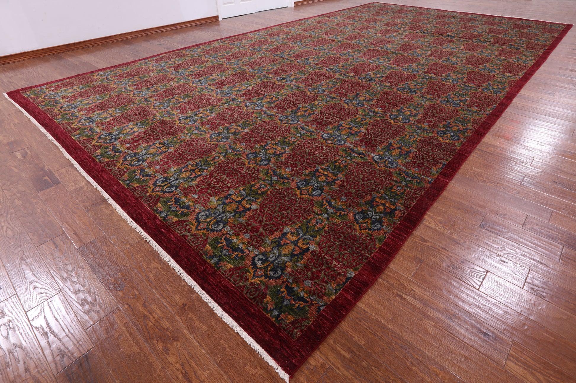 Red William Morris Hand Knotted Wool Area Rug - 11' 11" X 22' 10" - Golden Nile