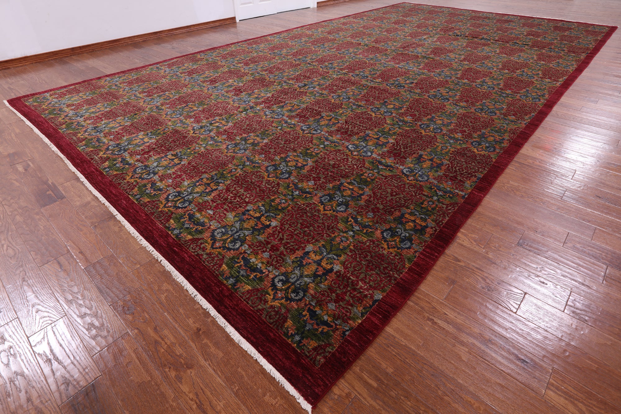 Red William Morris Hand Knotted Wool Area Rug - 11' 11" X 22' 10" - Golden Nile