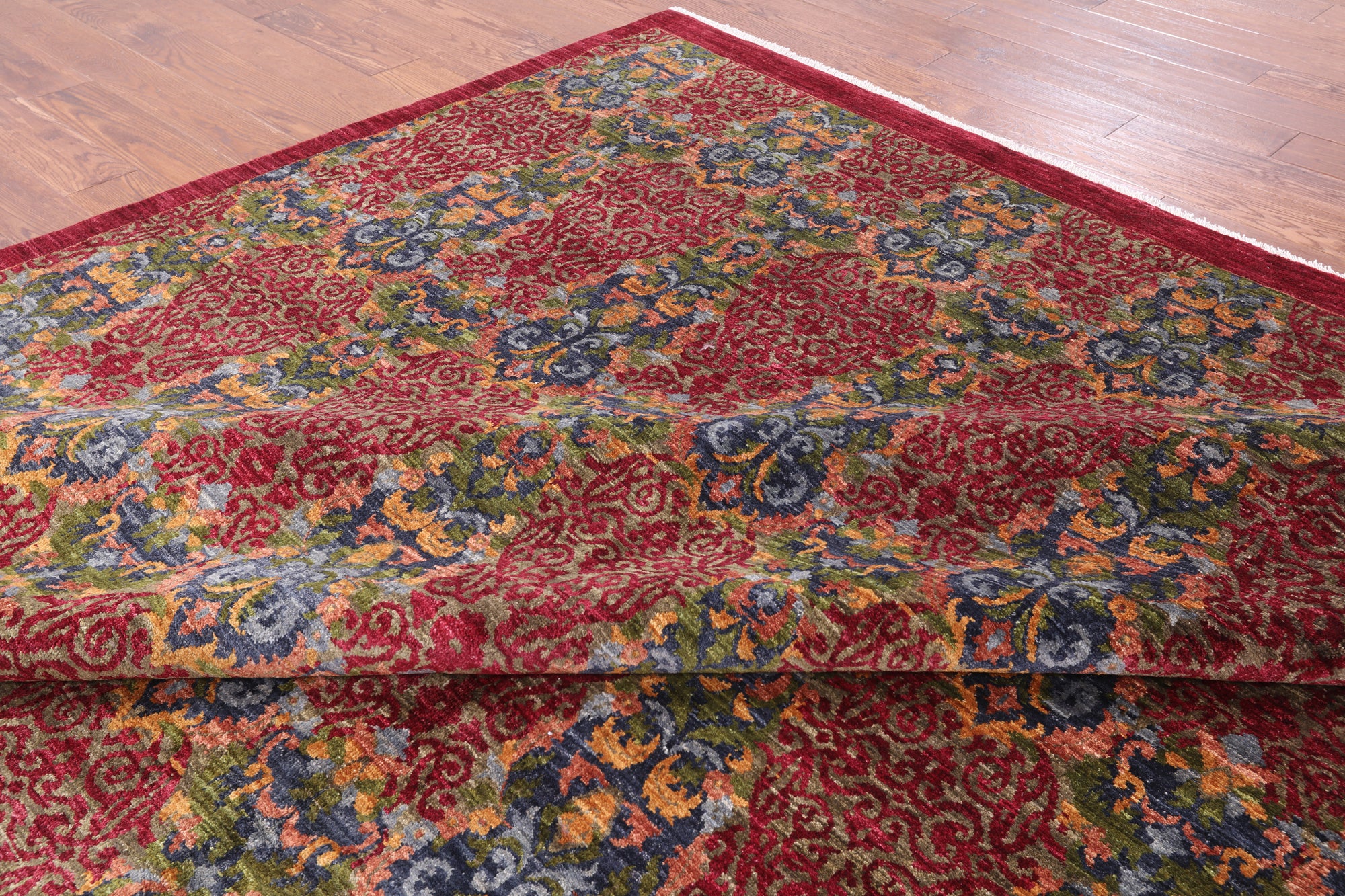 Red William Morris Hand Knotted Wool Area Rug - 11' 11" X 22' 10" - Golden Nile