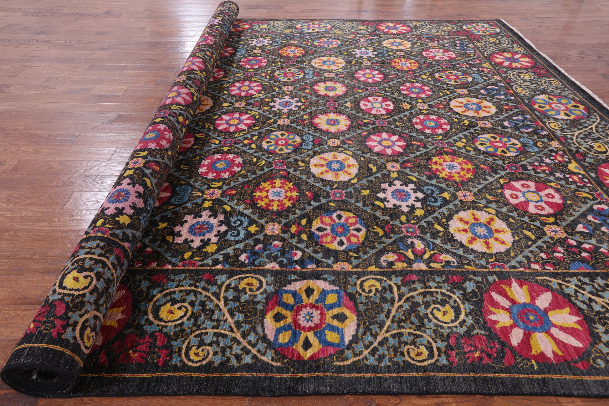 Black William Morris Hand Knotted Area Rug - 12' 0" X 17' 3" - Golden Nile
