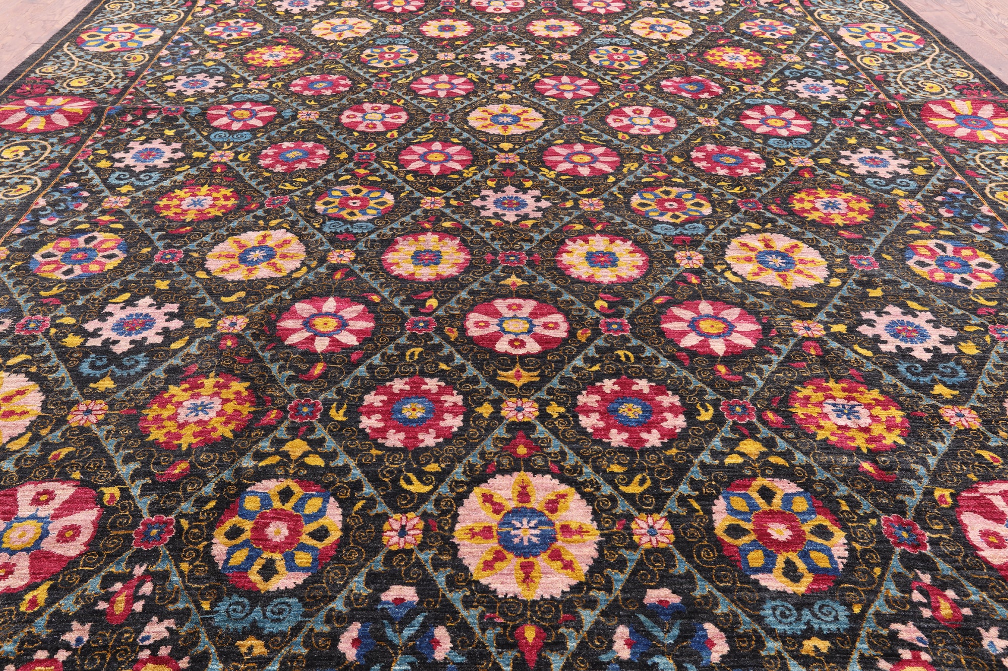 Black William Morris Hand Knotted Area Rug - 12' 0" X 17' 3" - Golden Nile