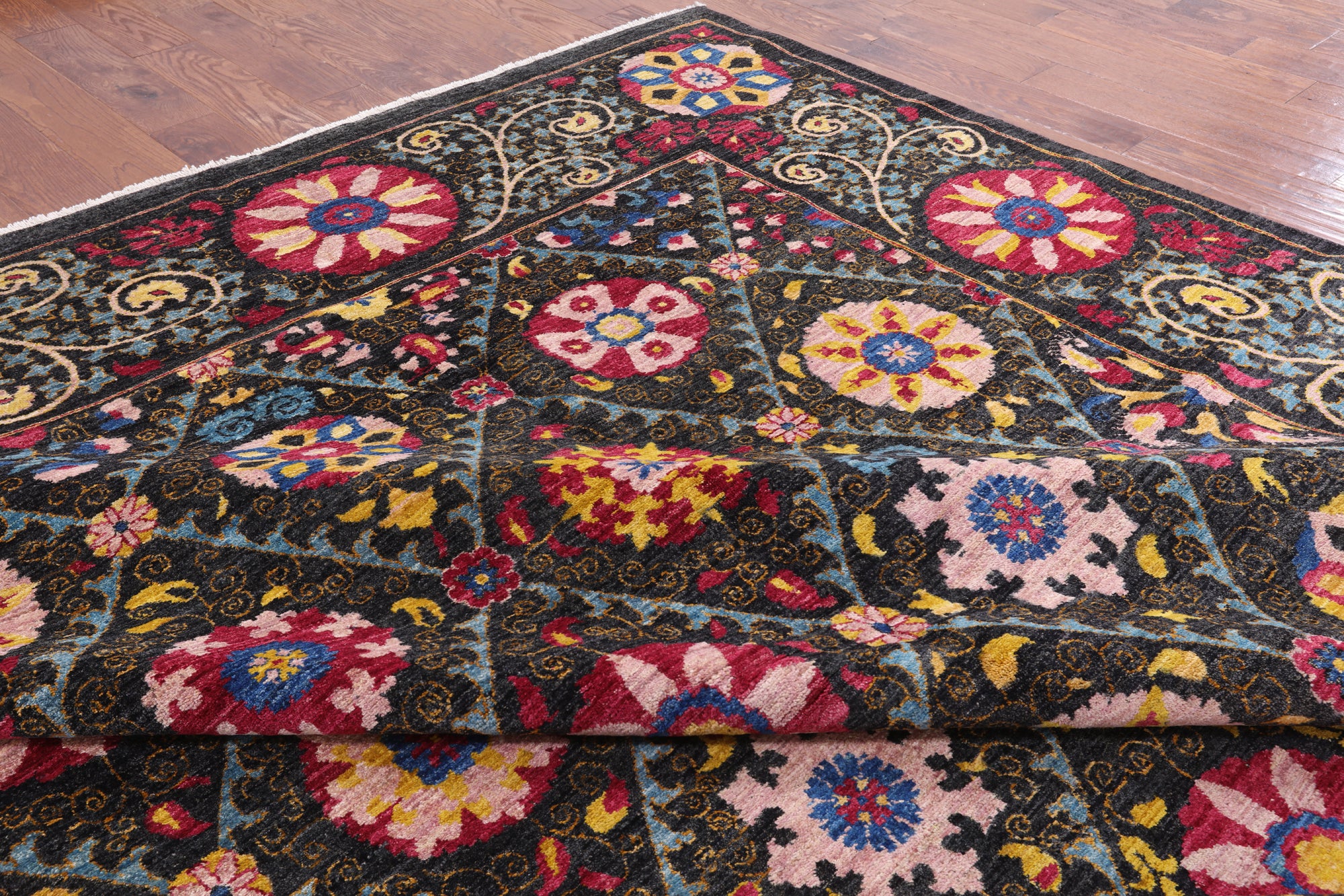Black William Morris Hand Knotted Area Rug - 12' 0" X 17' 3" - Golden Nile