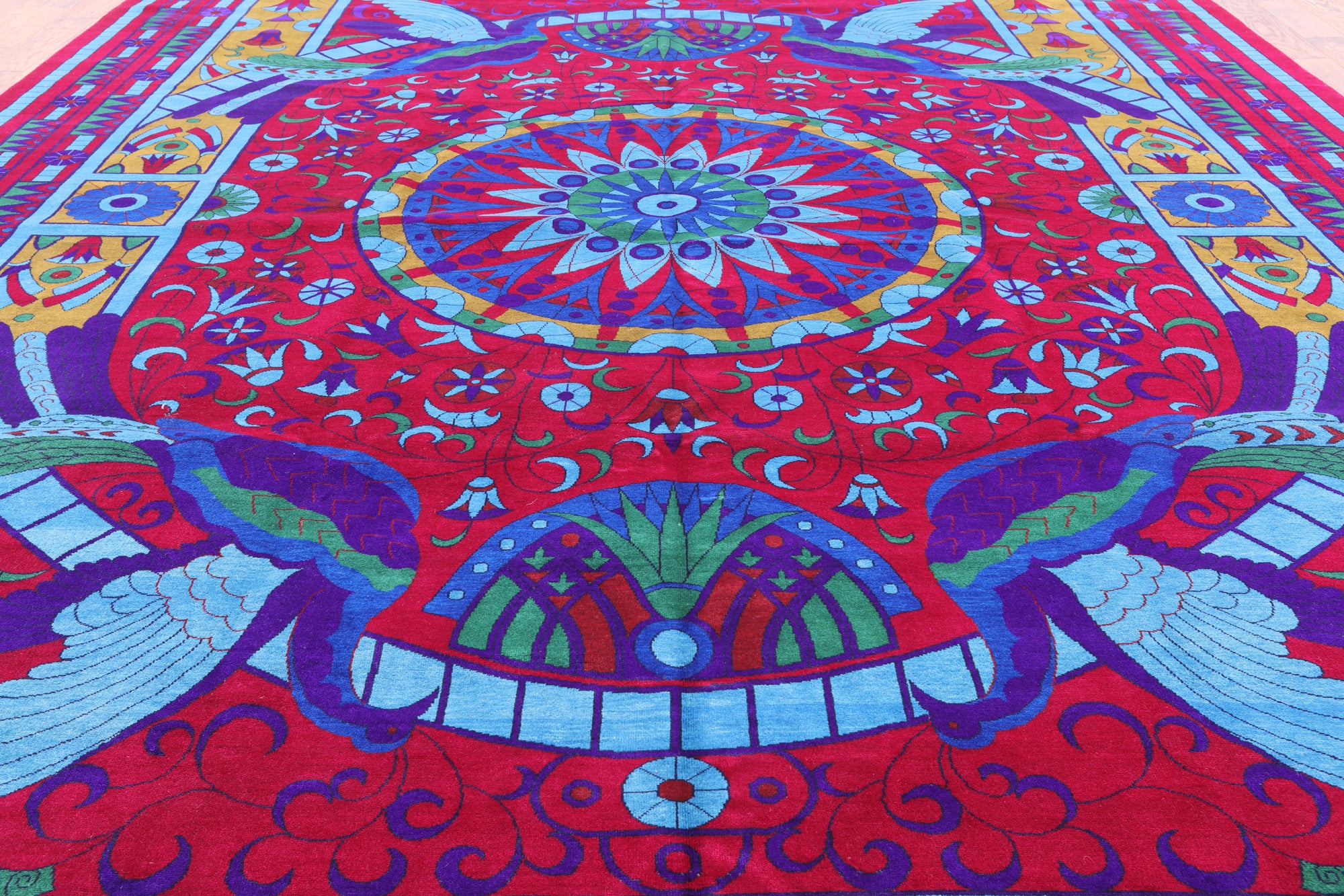 Red Peacock William Morris Hand Knotted Wool Area Rug - 12' 2" X 17' 0" - Golden Nile