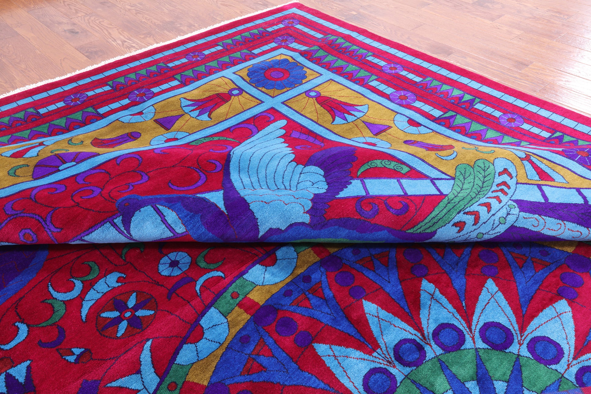 Red Peacock William Morris Hand Knotted Wool Area Rug - 12' 2" X 17' 0" - Golden Nile