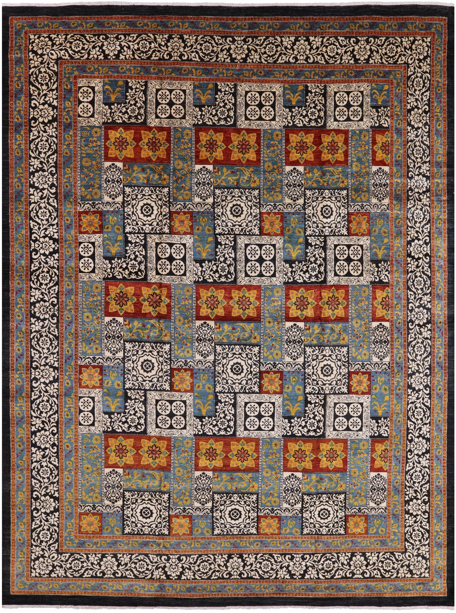 Black William Morris Handmade Wool Area Rug - 12' 2" X 16' 2" - Golden Nile