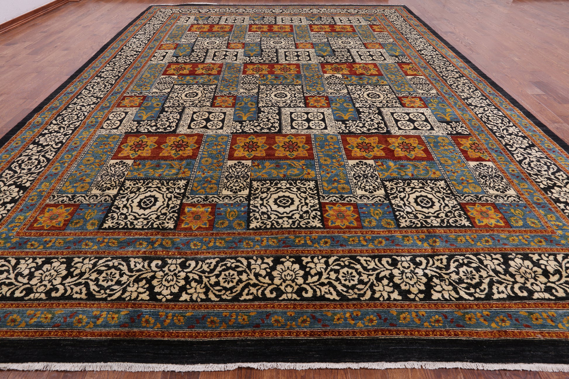Black William Morris Handmade Wool Area Rug - 12' 2" X 16' 2" - Golden Nile
