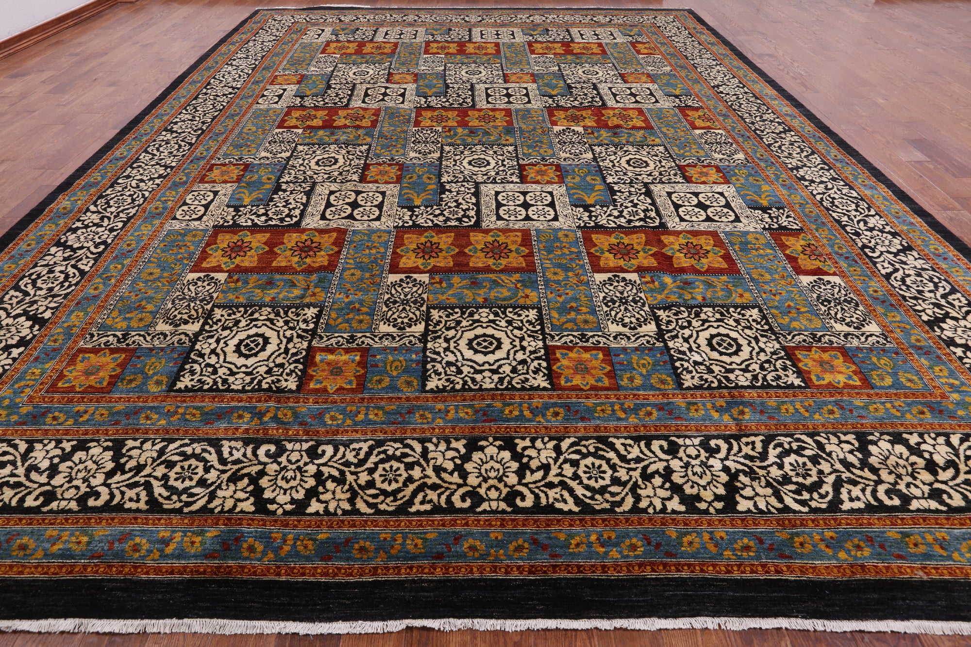 Black William Morris Handmade Wool Area Rug - 12' 2" X 16' 2" - Golden Nile