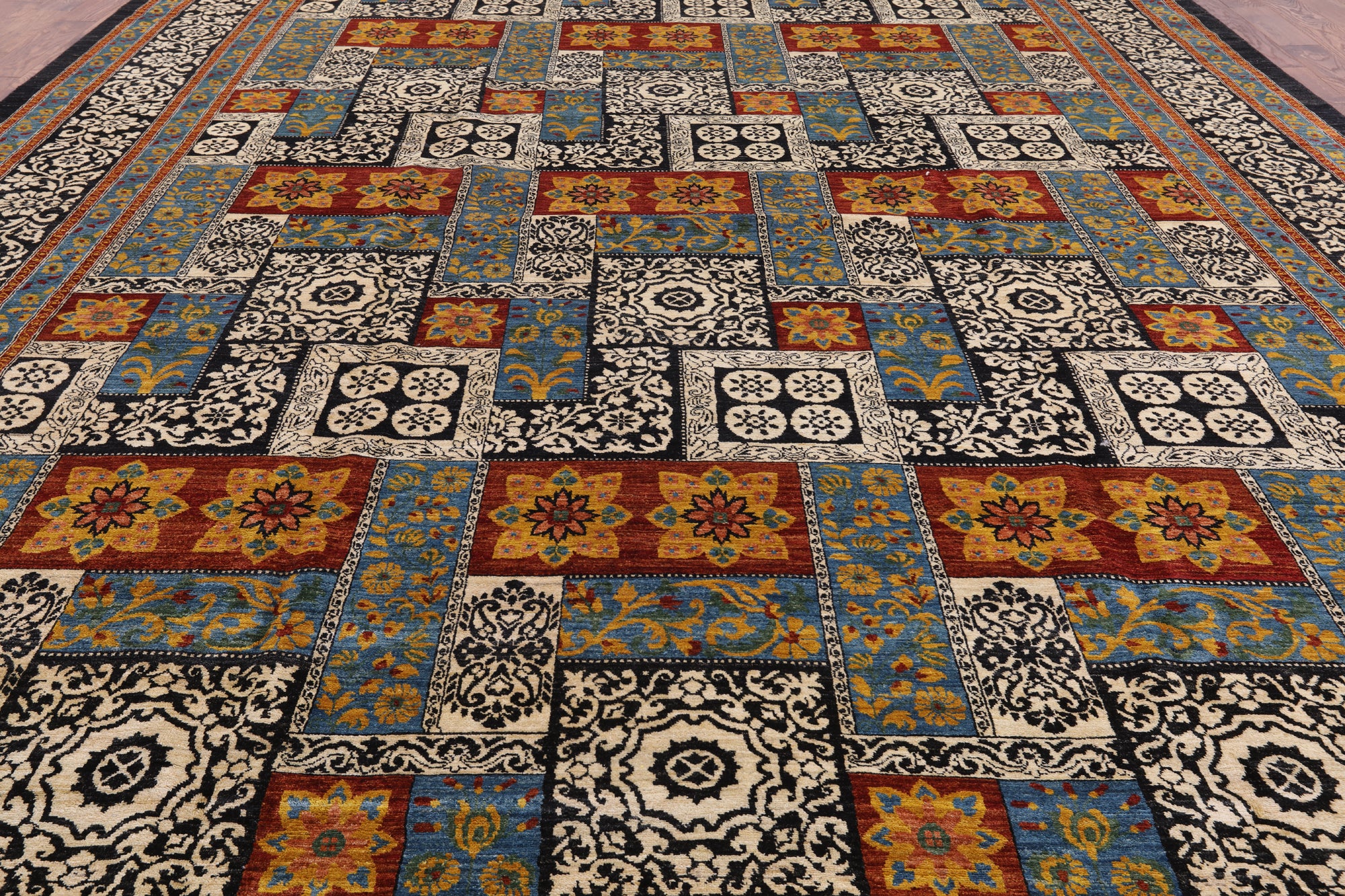Black William Morris Handmade Wool Area Rug - 12' 2" X 16' 2" - Golden Nile
