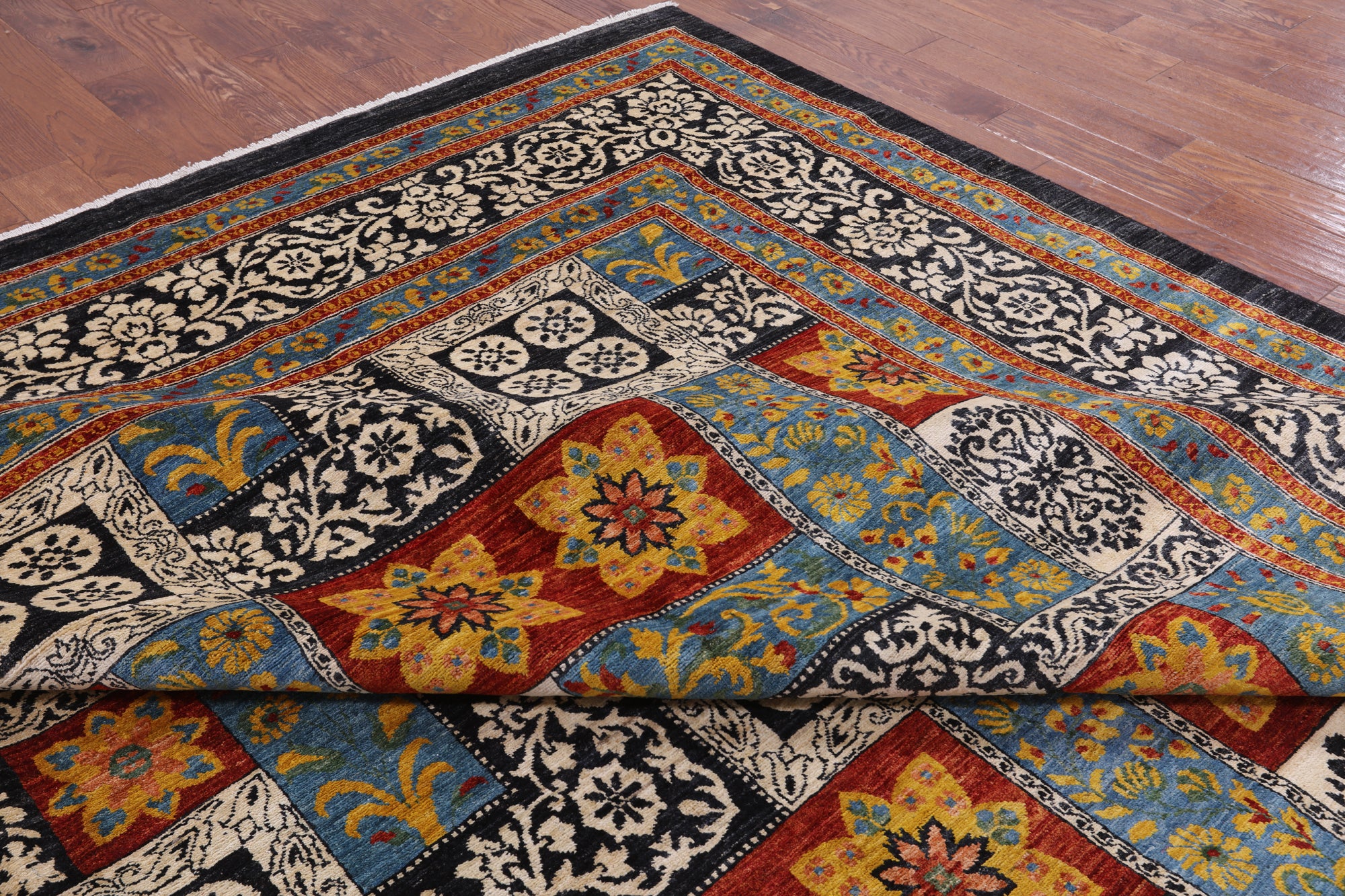 Black William Morris Handmade Wool Area Rug - 12' 2" X 16' 2" - Golden Nile