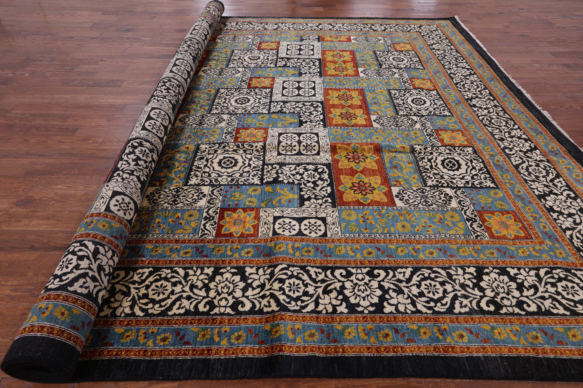 Black William Morris Handmade Wool Area Rug - 12' 2" X 16' 2" - Golden Nile