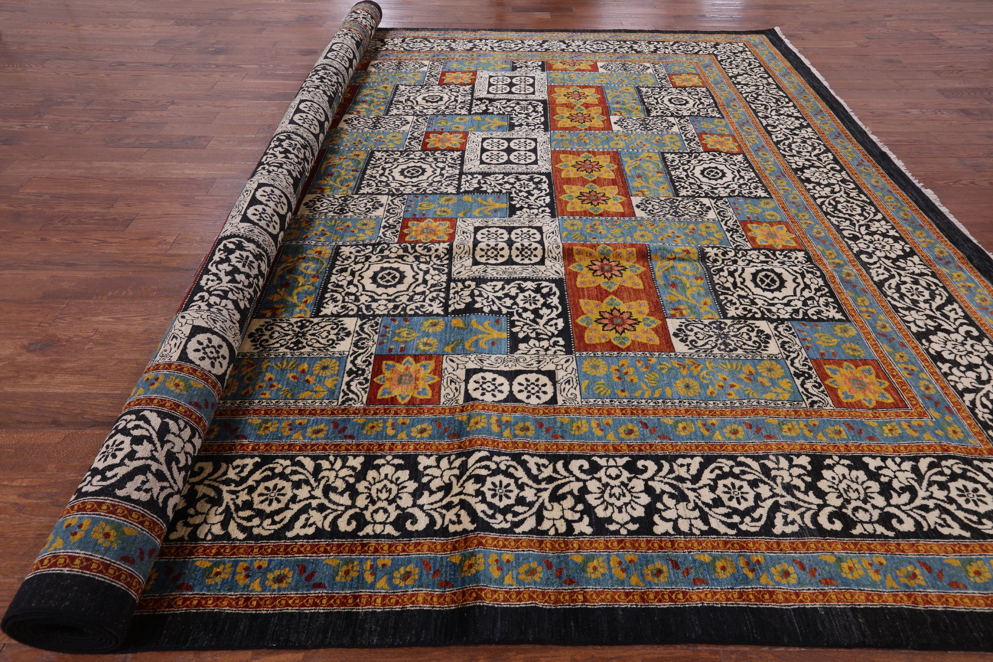Black William Morris Handmade Wool Area Rug - 12' 2" X 16' 2" - Golden Nile