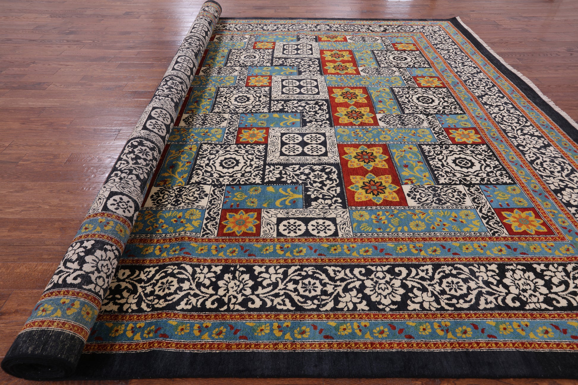 Black William Morris Hand Knotted Wool Area Rug - 12' 2" X 15' 6" - Golden Nile