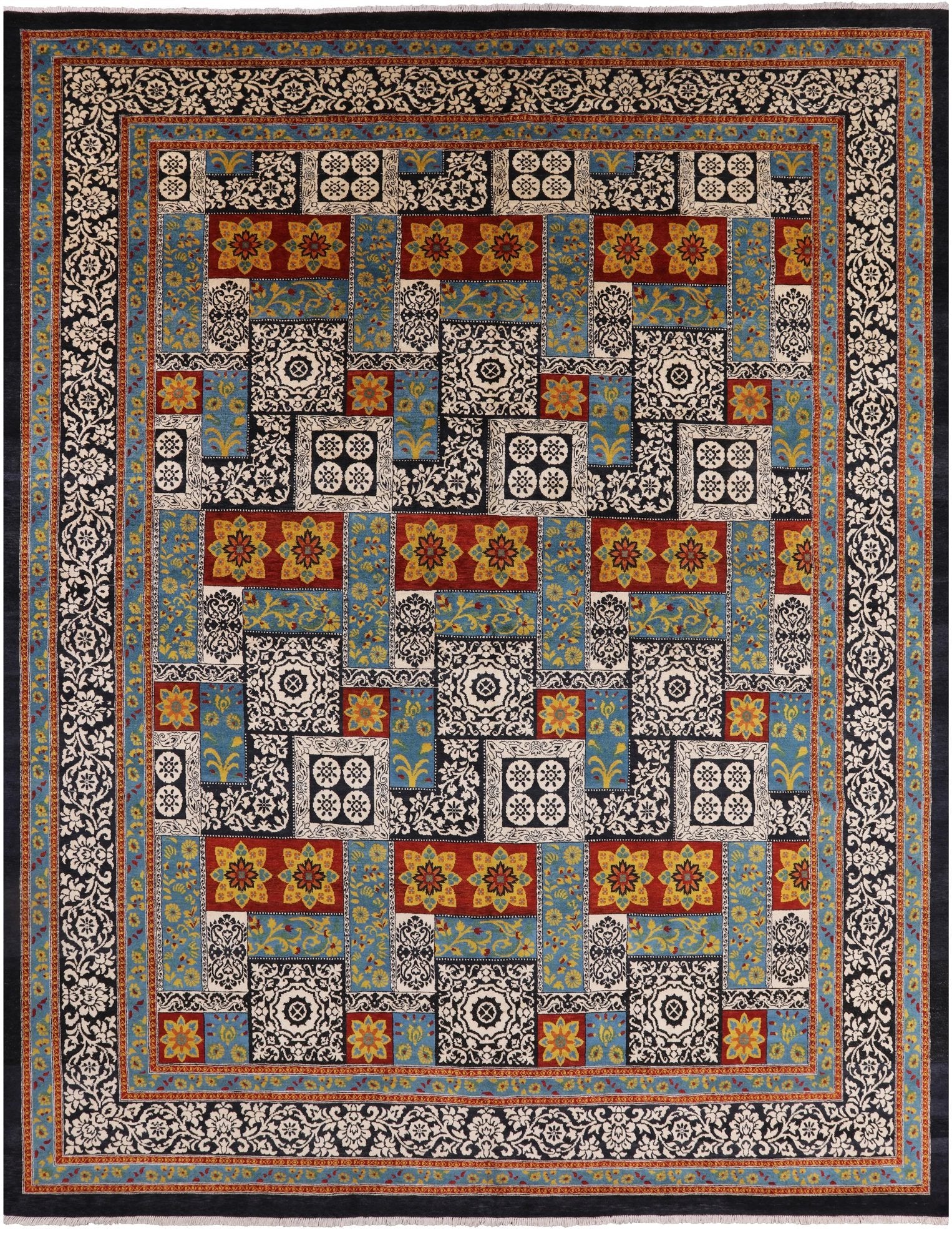 Black William Morris Hand Knotted Wool Area Rug - 12' 2" X 15' 6" - Golden Nile