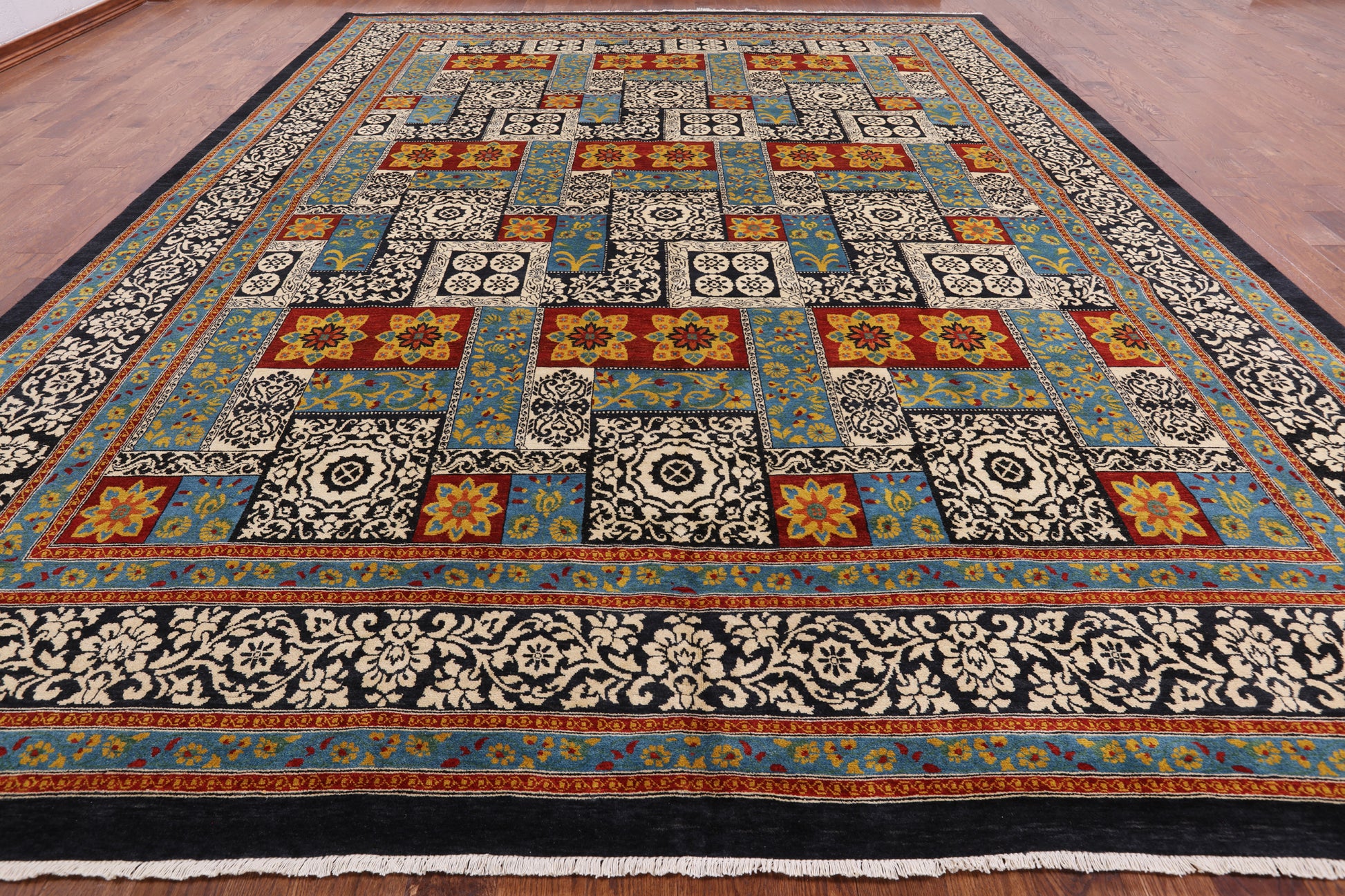 Black William Morris Hand Knotted Wool Area Rug - 12' 2" X 15' 6" - Golden Nile